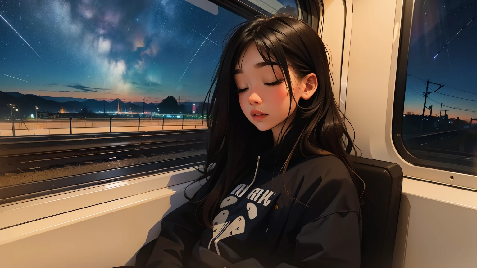 train,  sit by the window, Sleeping comfortably on my stomach, Scenery passing by at high speed, night trip, beautiful starry sky, Beautiful girl, UHD Portraits, (high quality) (ultra detail) Looking at viewers wearing hip-hop style streetwear; different, colorful, colored long hair 🌈