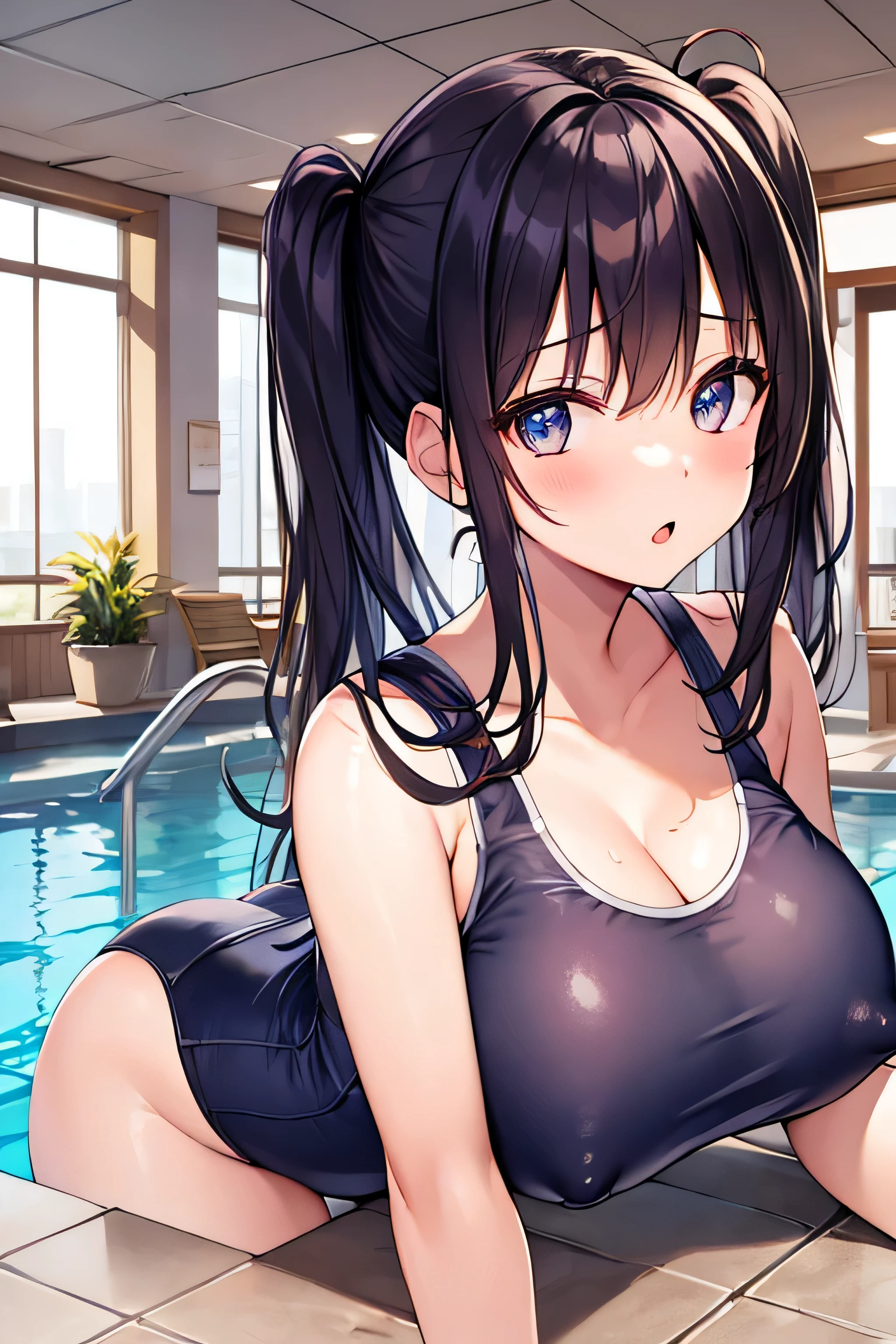 masterpiece、best image quality、ultra high resolution、teen with big tits、twin tail hairstyle、black hair、red face、shyly、mock、Open your mouth just a little、A school swimsuit that shows the cleavage of a girl、A school swimsuit that shows the cleavage of a teenage school、well-shaped lower body、indoor pool