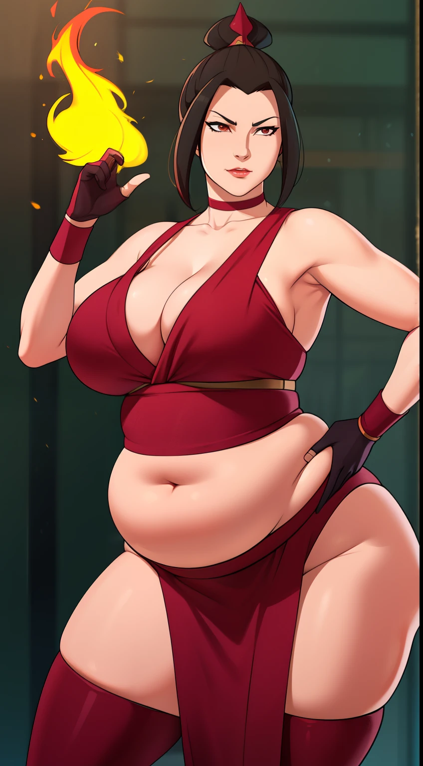 chubby Azula. big breasts. huge hips. chubby belly, Coiling hair. Choker. dark red fire nation robes. Dance. Thigh-high boots. gloves. (Very High Definition. 8K). realistic style. 