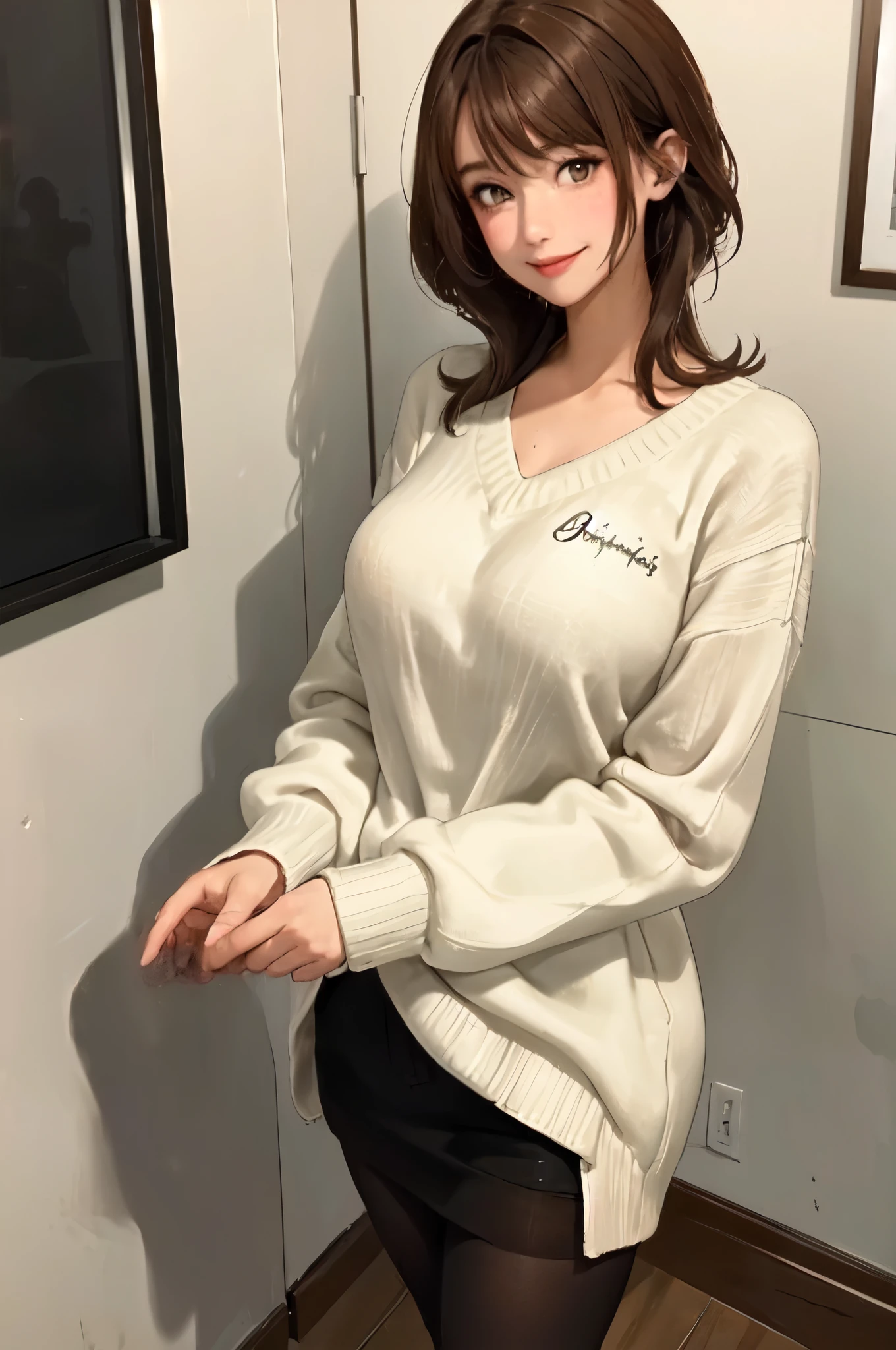 1lady standing, /(oversized sweater/) v-neck, mature female, /(brown hair/) bangs, blush kind smile, (masterpiece best quality:1.2) delicate illustration ultra-detailed, large breasts pantyhose BREAK /(modern house living room/) indoors