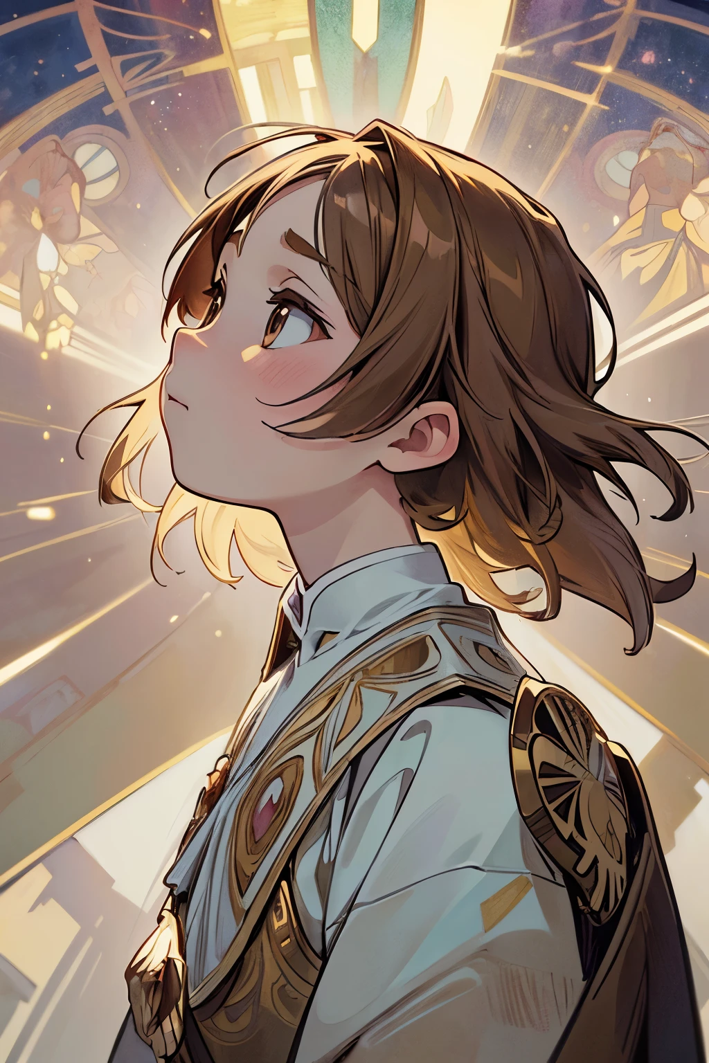 ((Masterpiece)), (Anime:1.3), ((best quality)), (RAW photo: 1.2), (High Definition:1.3), (Professional Photography:1.2), (12 years old), profile, from side, pale brown hair, gold eyes, Gorgeous white clothes, (looking up:1.5), upper body, Fair skin, (chiaroscuro), hairs in the air, (by Alfons Mucha:1.3),