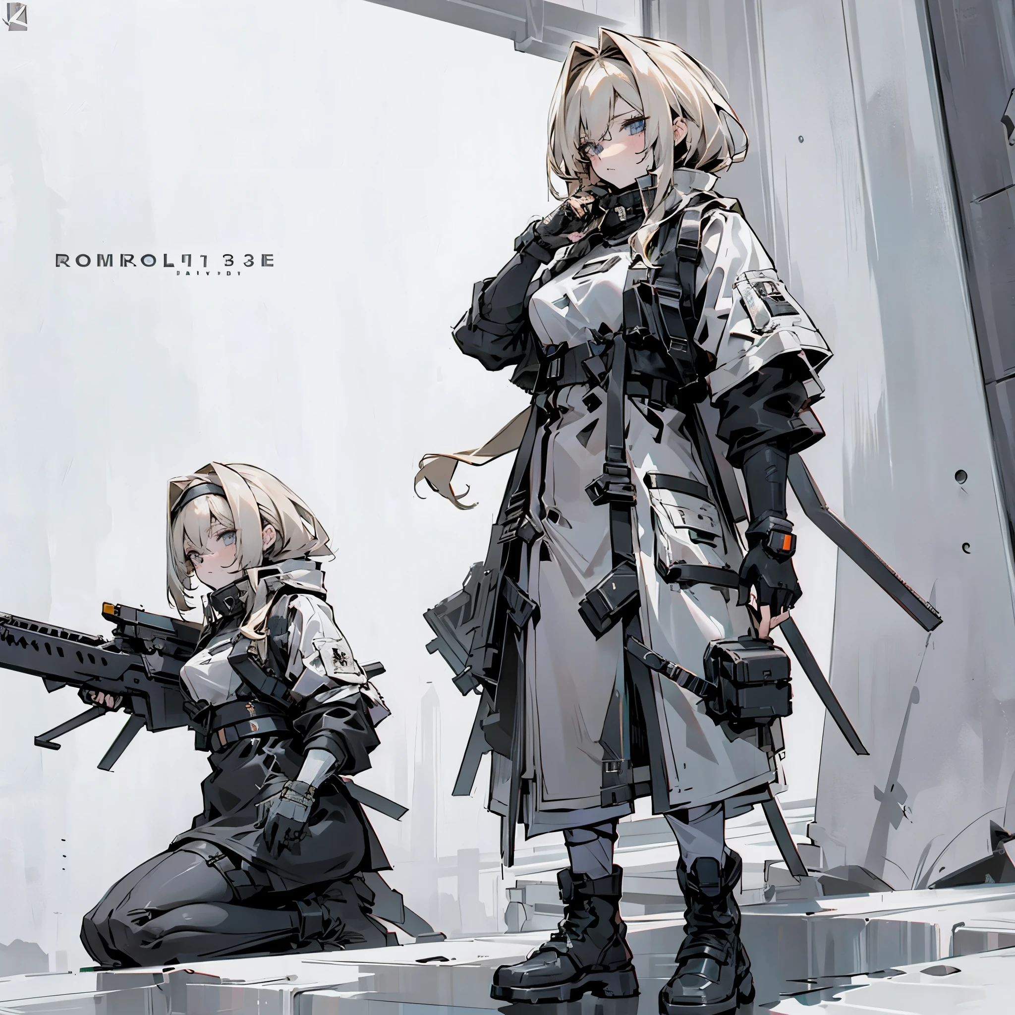 Group of three girls one with blonde hair, second with gray hair, and the last third one have ivory hair are holding cyberpunk assault rifles near a military humvee in the wasteland 