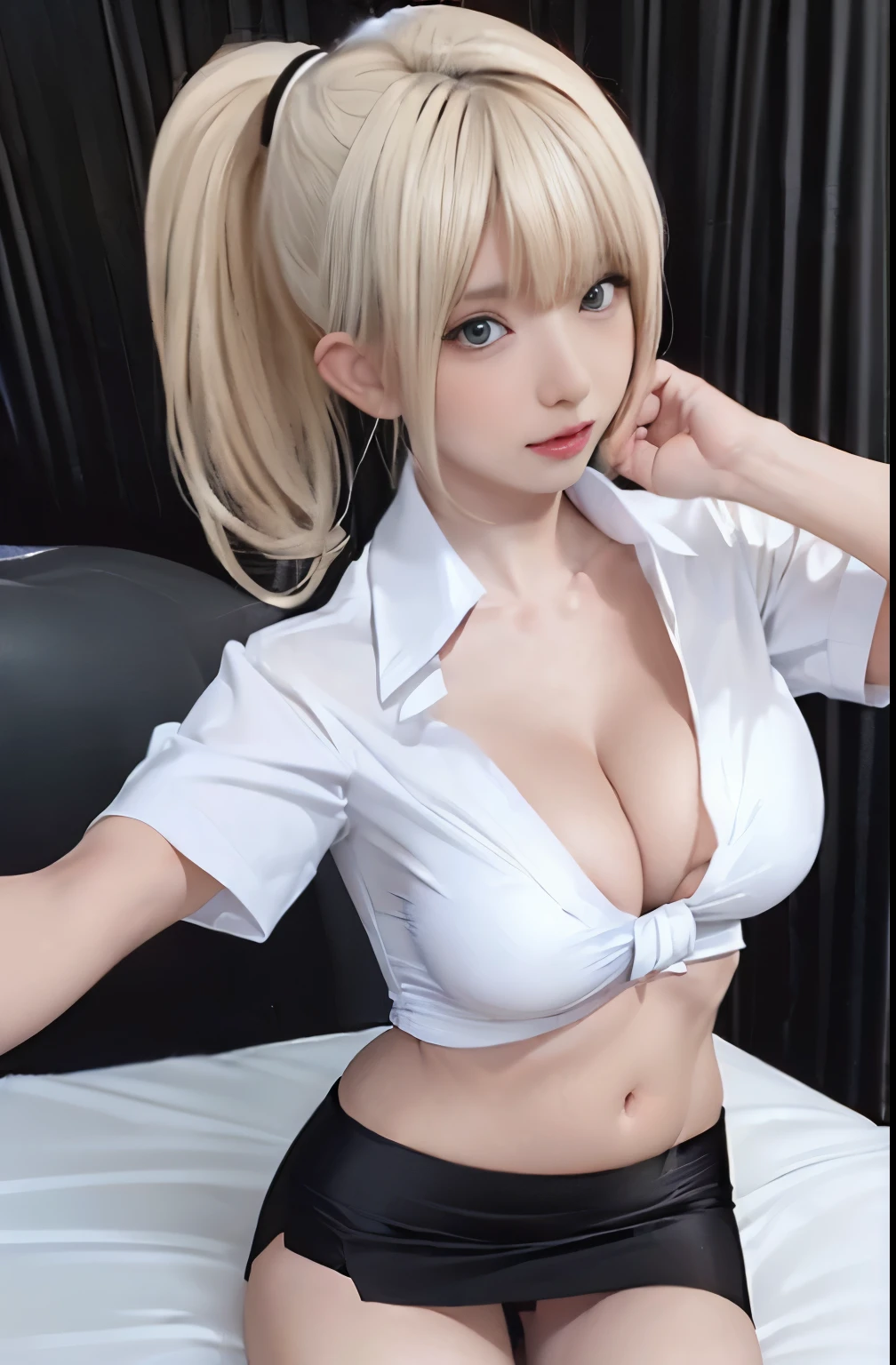 highest quality、8k、realistic、1 girl、23 years old、full body portrait、Landscape、（blonde ponytail:1.4）、（embarrassing）、(black and white theme:1.2), (white collared shirt:1.5), ((belly button):1.4), (Breast knot:1.4), ((unbuttoned collar, short sleeve):1.2), ((clavicle, cleavage):1.3),(big breasts)、 (Black Low-Rise Pencil Skirt:1.3、panty shot:1.5), (garter belt, stockings:1.2),（lie down on the desk）、 beautiful thighs、beautiful butt