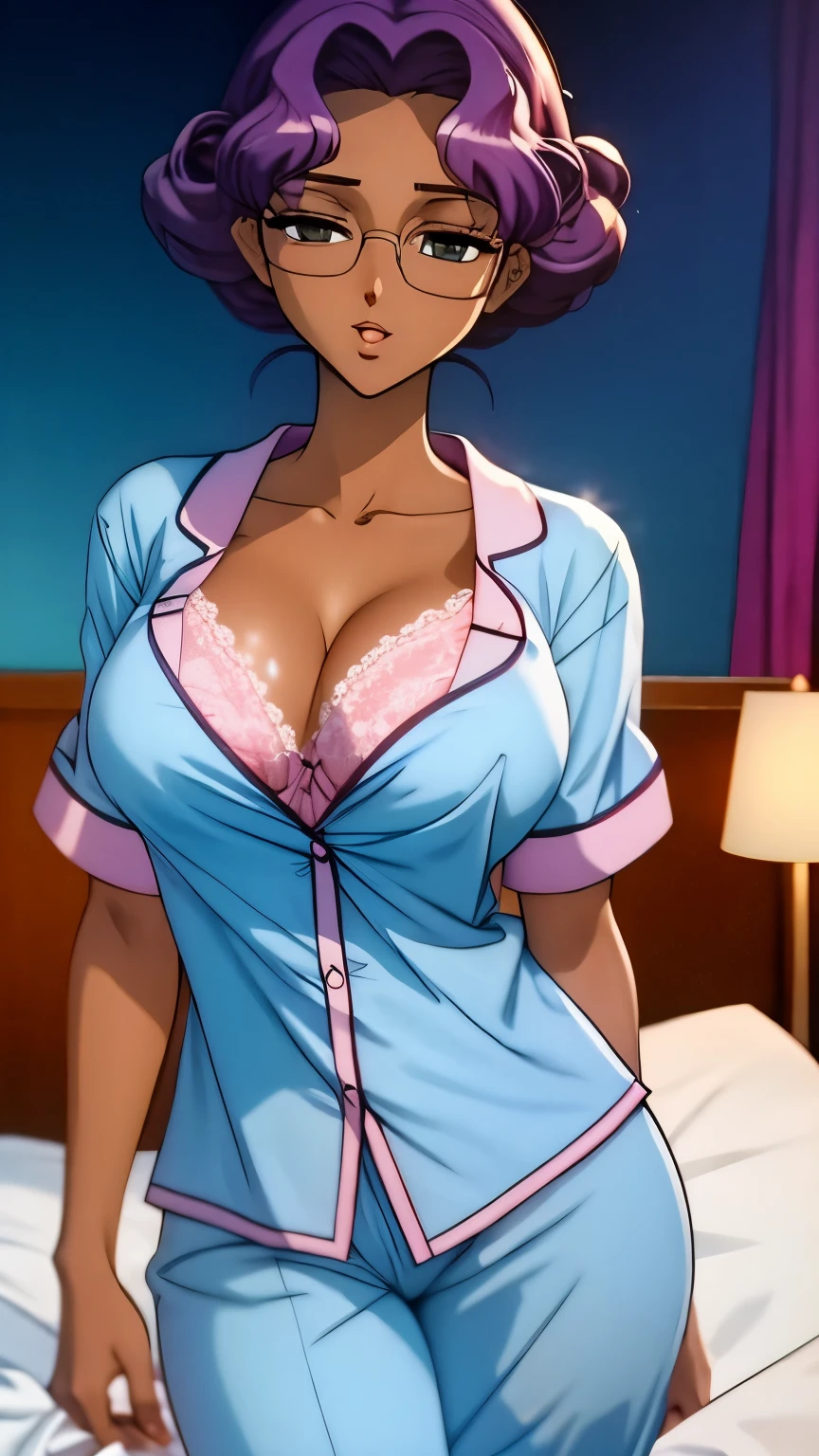 (masterpiece, best quality:1.2), Anki Himemiya,1 girl, alone,Exquisite hair color，short hair，( Wear pajamas:1.2)，sleep in bed，too big,glowing skin，dark skin，wear glasses（（（shy expression）））blush，legs spread，pastel tones，超big breasts,big breasts，large breast size，big breasts, Breasts are very，pink lips