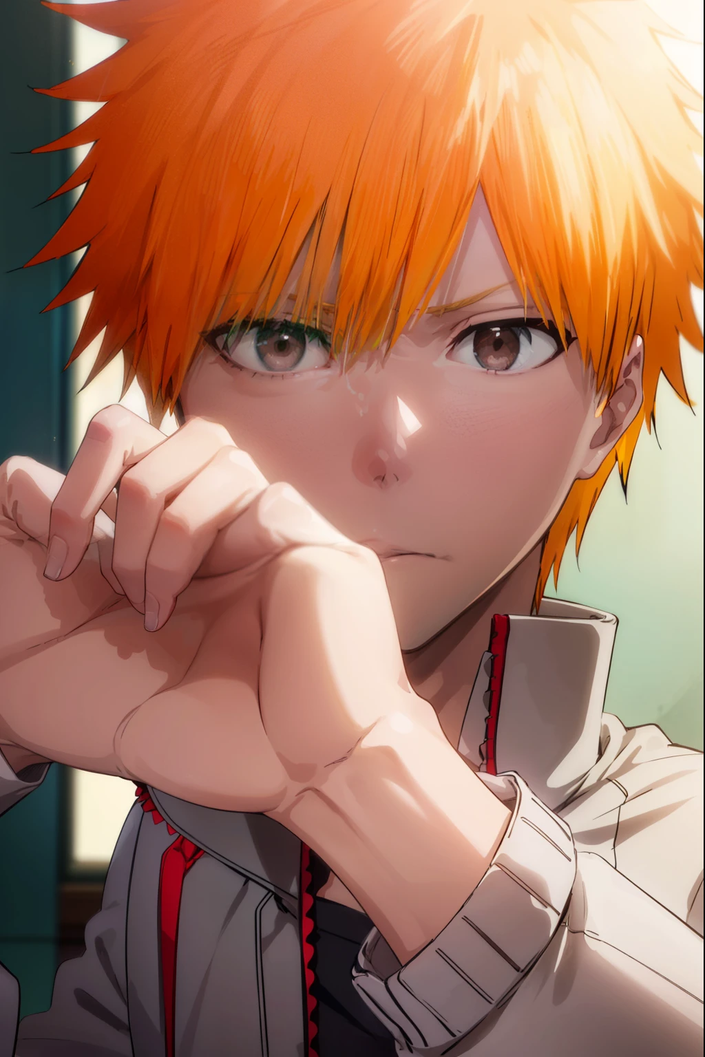 ichigokurosaki, ichigo kurosaki,1people's men, short hair, orange hair, spike hair, (brown eyes:1.5),
break shirt, long sleeve, school uniform, Jacket, white shirt, open clothes, open Jacket, grey Jacket,
break looking at viewer, Upper body,
break indoors, classroom,
break (masterpiece:1.2), highest quality, High resolution, unity 8k wallpaper, (figure:0.8), (detailed and beautiful eyes:1.6), highly detailed face, perfect lighting, Very detailed CG, (perfect hands, perfect anatomy),