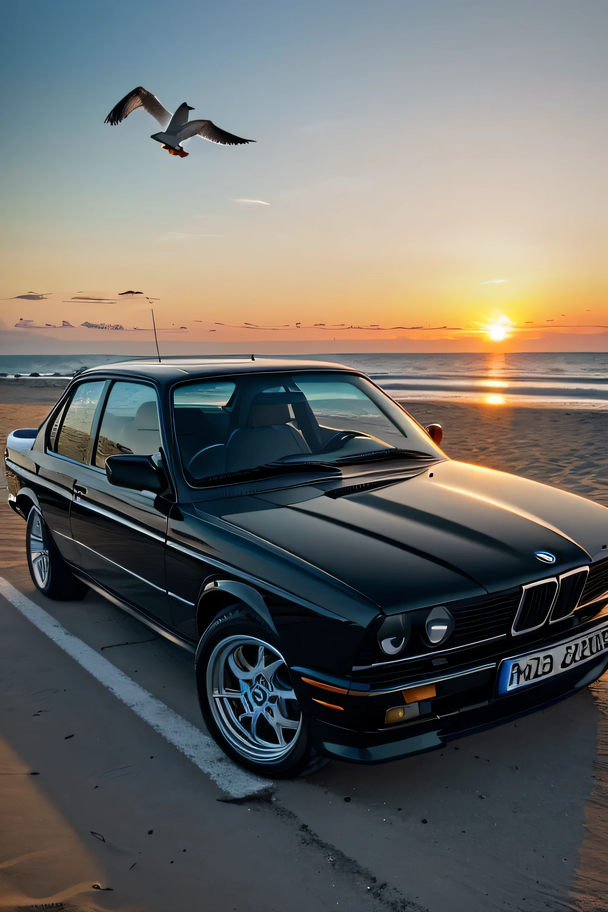 (best quality,4k,highres,masterpiece:1.2), ultra-detailed, (realistic,photorealistic,photo-realistic:1.37), HDR, black BMW E30 with chrome rims, beach scene with sunrise, seagulls flying in the sky