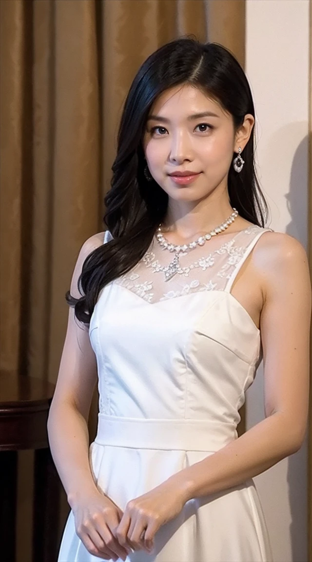 最high quality, masterpiece, High resolution, 1 girl, transparent silk china dress, beautiful face, hair ornaments, looking at the viewer, smile, closed mouth,lips, dress,hair ornaments, necklace, jewelry, long hair, earrings, beautiful face,in addition_body, Tyndall effect,realistic, Dark studio, rim lighting, two-tone lighting,(High resolutionスキン:1.2), 8k uhd, Digital single-lens reflex camera, soft lighting, high quality, volume lighting, Frank, photograph, High resolution, 4k, 8k, Bokeh