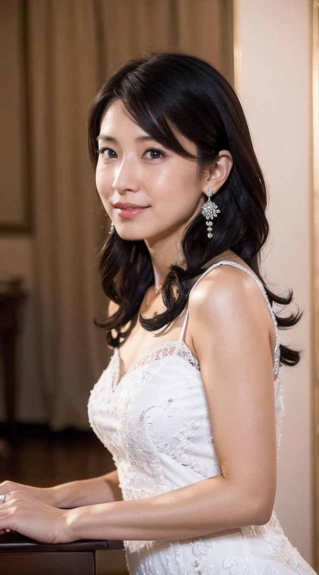 最high quality, masterpiece, High resolution, 1 girl, transparent silk china dress, beautiful face, hair ornaments, looking at the viewer, smile, closed mouth,lips, dress,hair ornaments, necklace, jewelry, long hair, earrings, beautiful face,in addition_body, Tyndall effect,realistic, Dark studio, rim lighting, two-tone lighting,(High resolutionスキン:1.2), 8k uhd, Digital single-lens reflex camera, soft lighting, high quality, volume lighting, Frank, photograph, High resolution, 4k, 8k, Bokeh