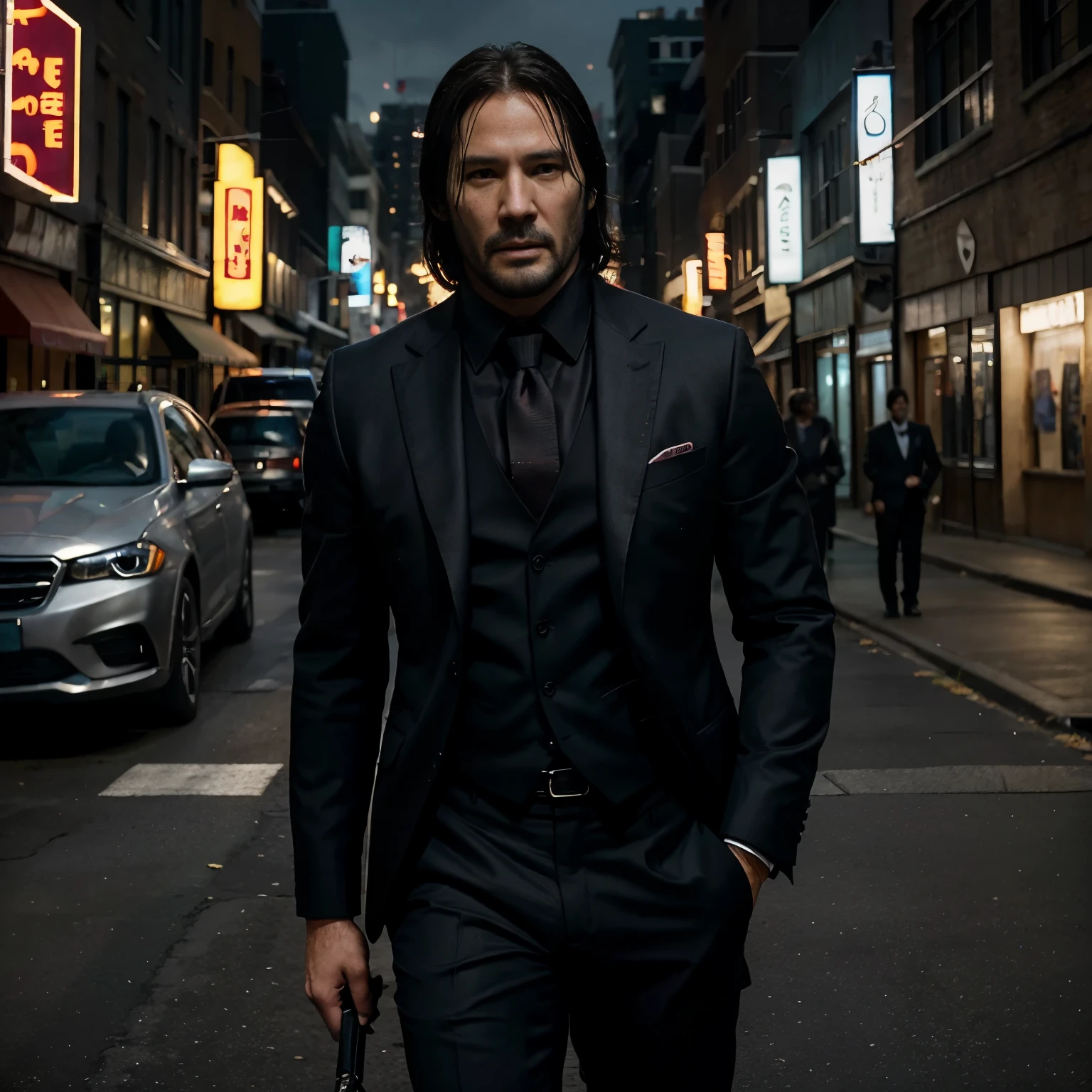 "Por favor, crie uma imagem no estilo John Wick, retratando um gato bombado humanoido usando um terno elegante. Imagine a cat with an imposing muscular structure and humanoid features, as anthropomorphic arms and legs. Inspirado pelo universo de John Wick, The cat should convey an aura of lethal elegance. He's dressed in a tailored suit, complete with a bow tie and a pocket handkerchief. The surrounding scenery should evoke the atmosphere of the films, with dramatic lighting and a sense of mystery. The bomb humanoid cat maintains a confident and determined expression while displaying its formidable strength.. Certifique-se de incorporar detalhes minuciosos tanto no gato quanto em seu traje, emphasizing the sophistication and formidable energy reminiscent of legendary assassin John Wick."