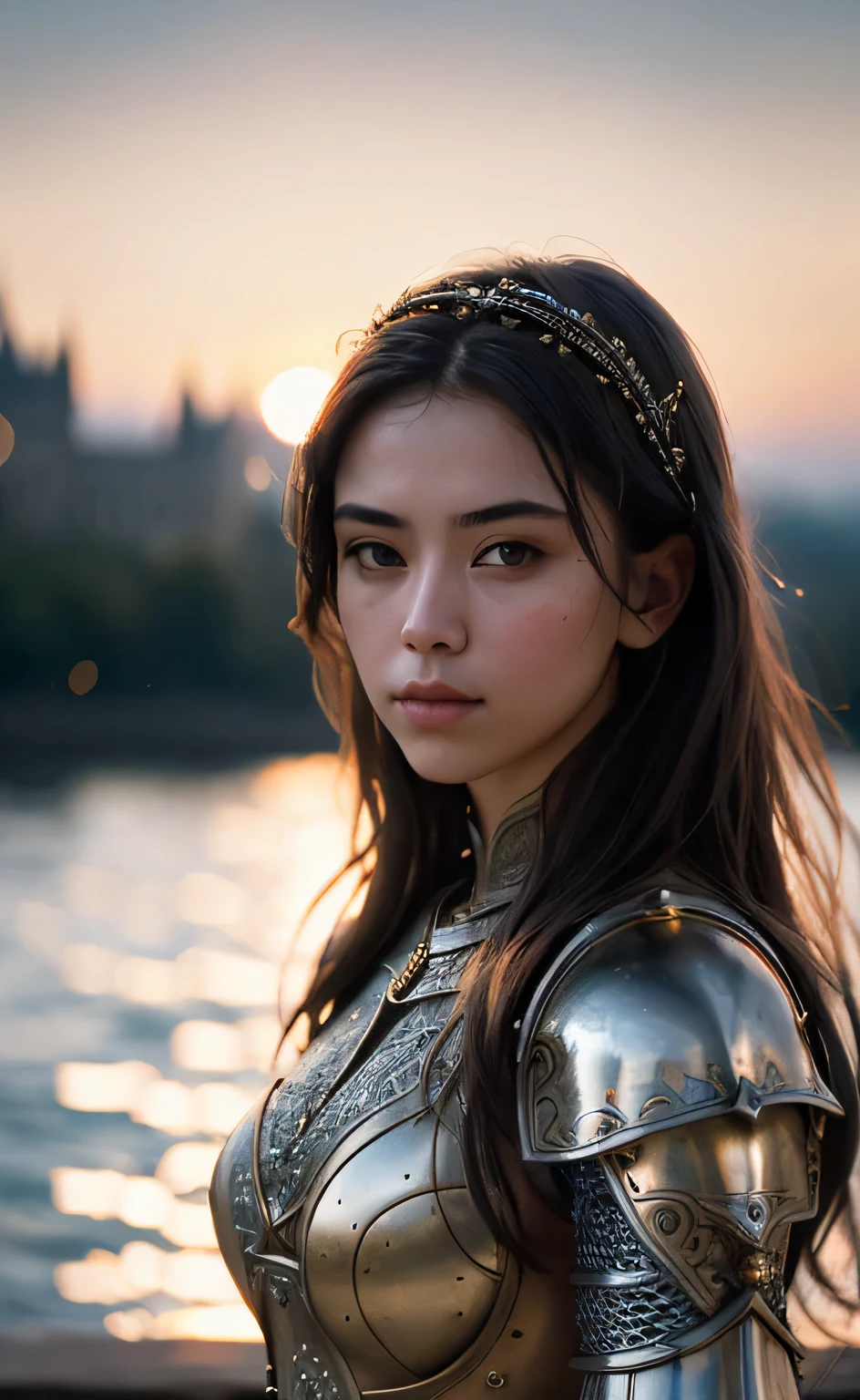 (masterpiece), (extremely intricate:1.3), (realistic), portrait of a girl, the most beautiful in the world, (medieval armor), metal reflections, upper body, outdoors, intense sunlight, far away castle, professional photograph of a stunning woman detailed, sharp focus, dramatic, award winning, cinematic lighting, octane render unreal engine, volumetrics dtx, (film grain, blurry background, blurry foreground, bokeh, depth of field, sunset, motion blur:1.3), chainmail