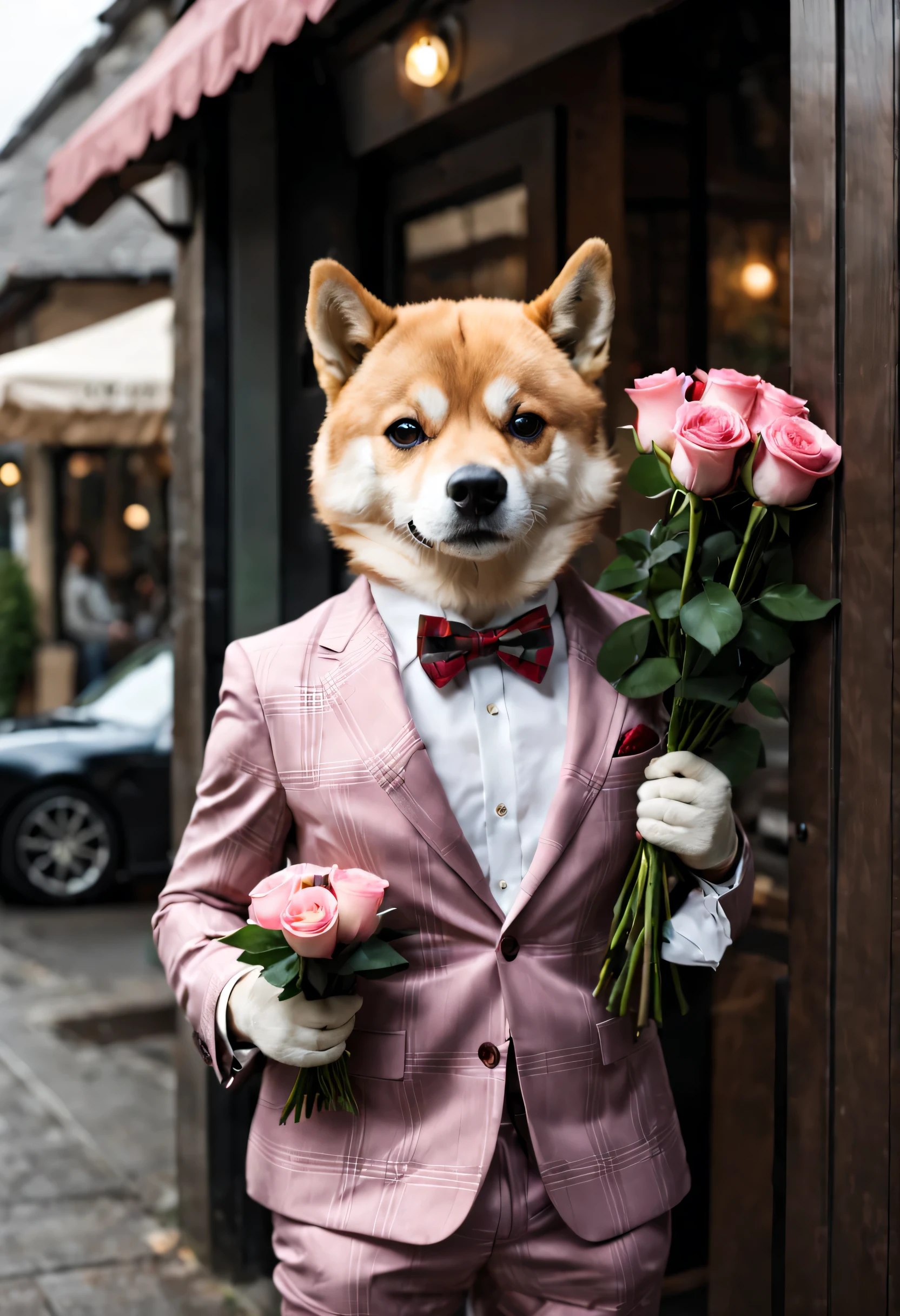 （Shiba Inu with CEO temperament）（4k）Wear a plaid suit，Wearing a pink bow tie，eyes are very bright，（surreal：1.5）Leaning in front of the Porsche 911 door，holding a bouquet of red roses，in front of the cafe。