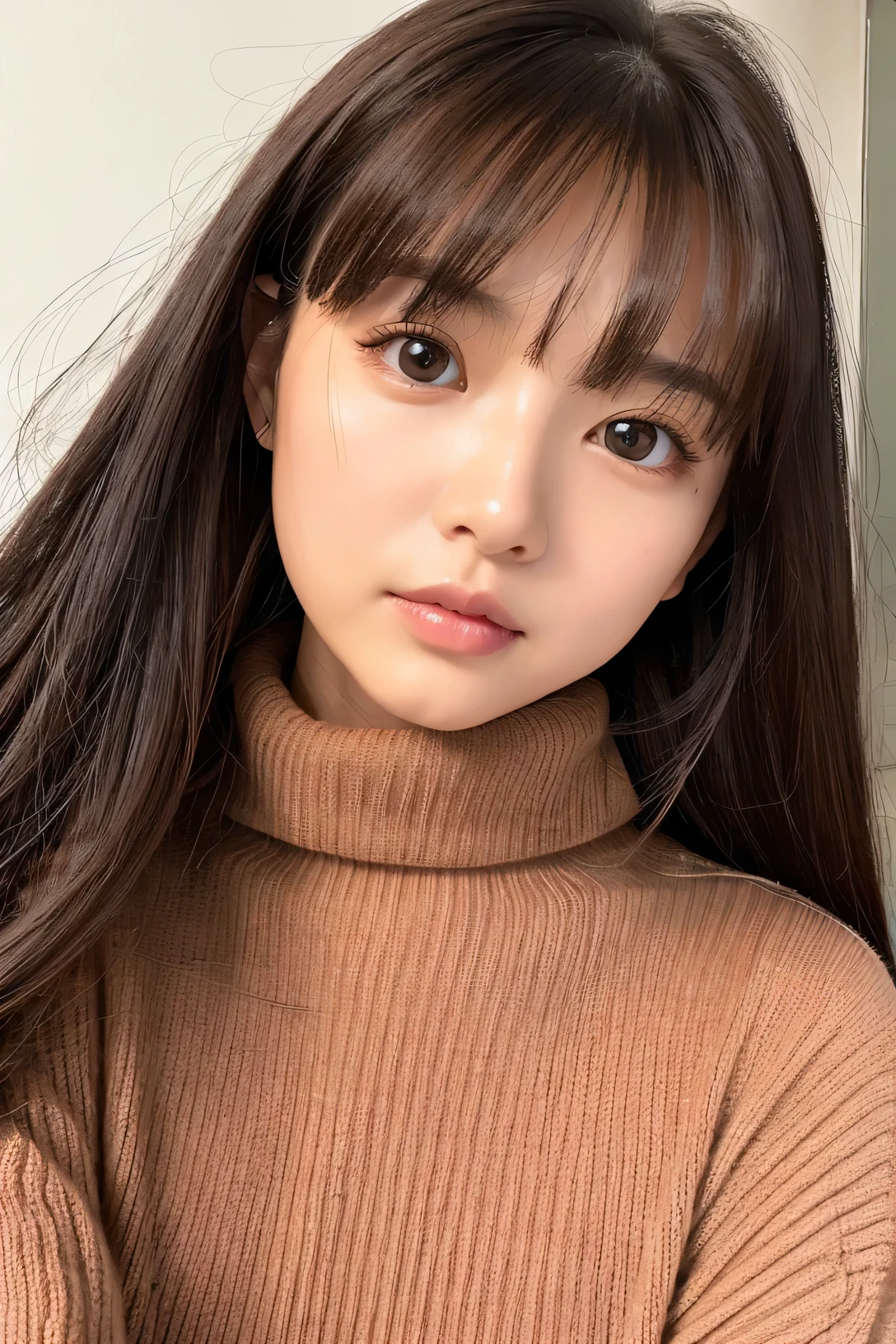 woman、super detailed face、double eyelid, long hair、bangs、clear eyes、knit sweater、Glossy skin, small head、whole body