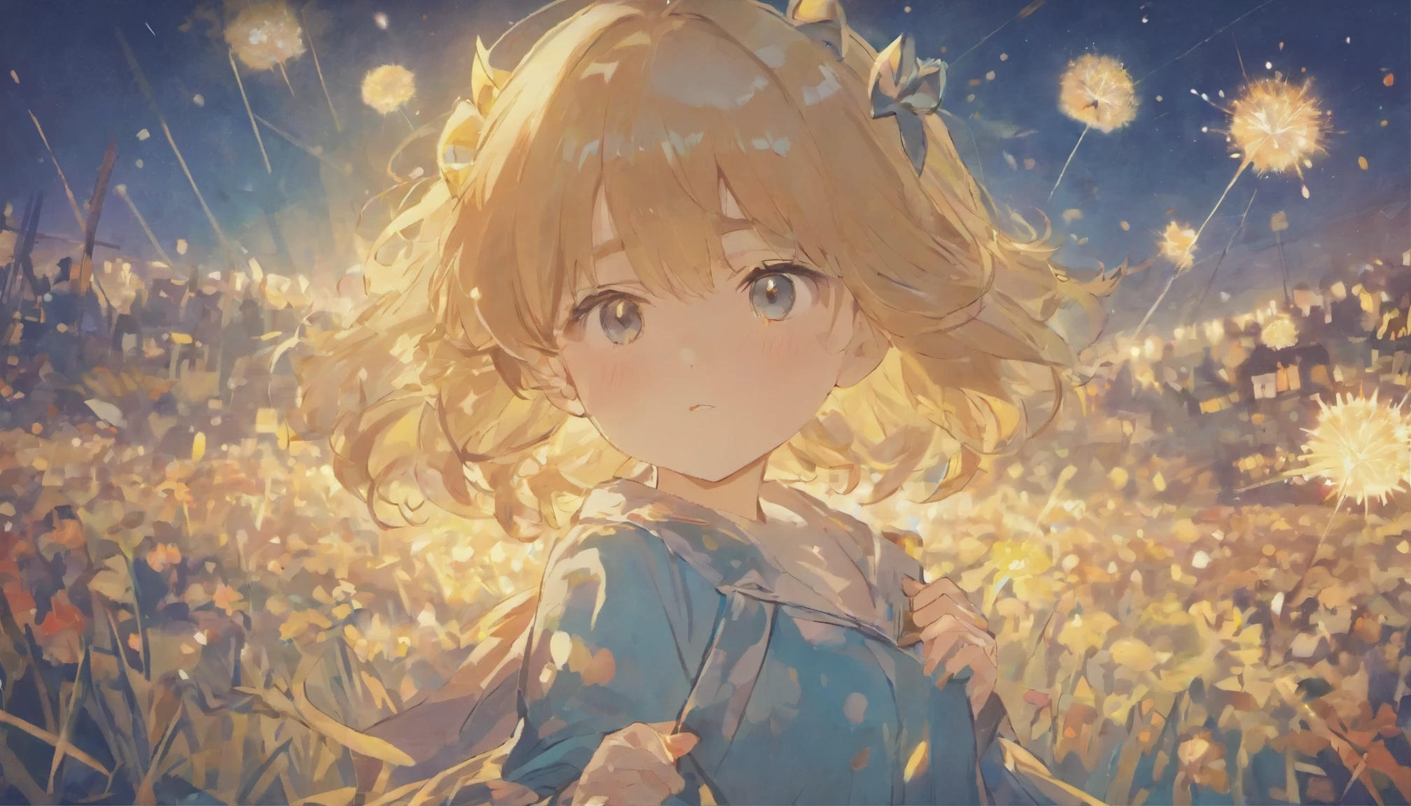 night,Lolita style clothing,cartoon style,chubby ,Hold a glowing dandelion,,Cute and cute,Children's illustration,Glow effect,Tyndall effect,depth of field,emphasize,real light,Ray tracing,oc rendering,surreal,best quality,8k,masterpiece,Super fine,Detailed pubic hair,correct anatomy,Eyes in focus,Bokeh,Facial features are carefully drawn