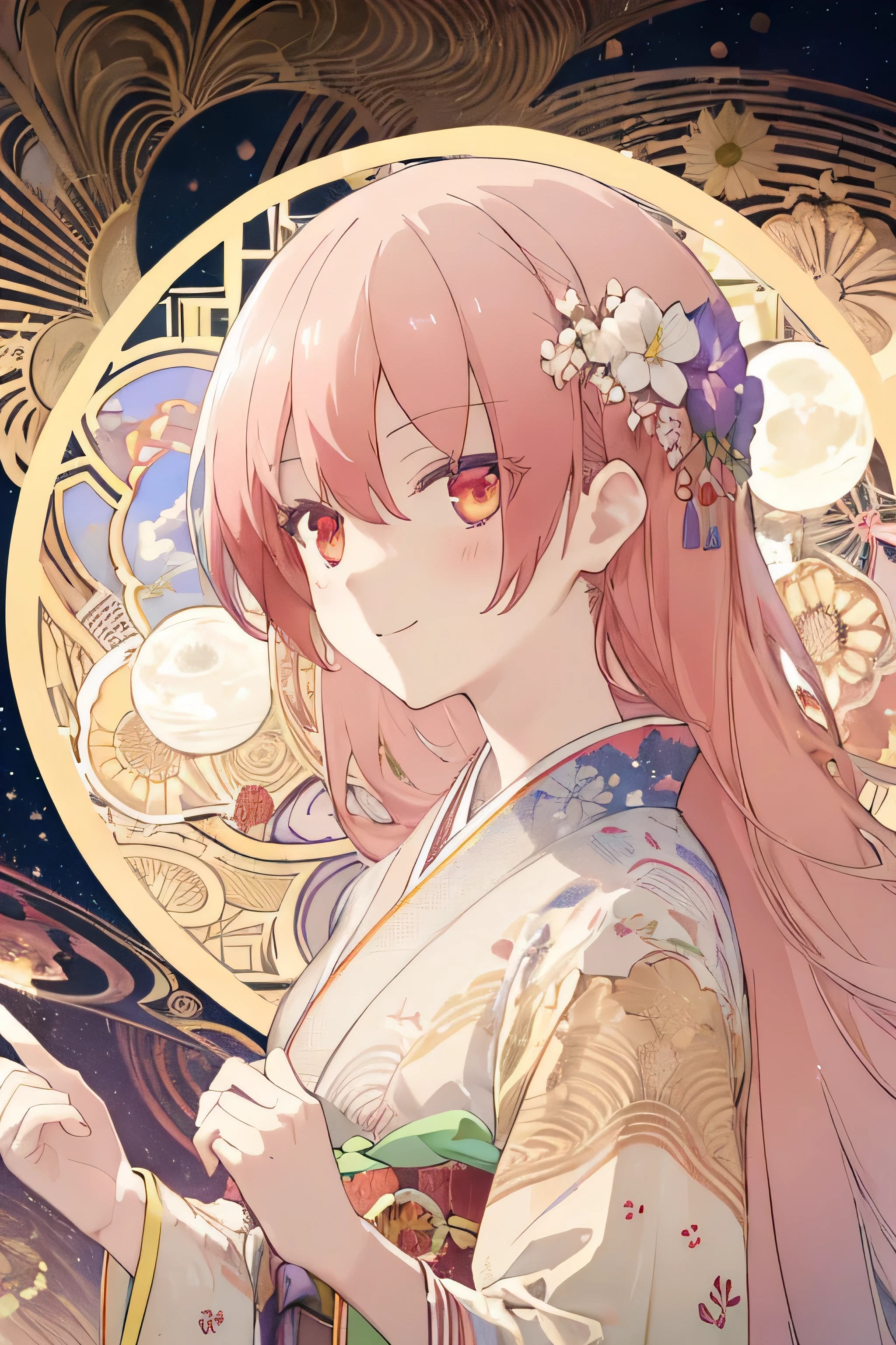 european woman face portrait , long curly hair, blonde, Moon and star frame, kimono costume、decorative panel, abstract artistic, By Alphonse Mucha (masterpiece, highest quality, High resolution:1.4), get used to it, intricate details, 4k, splash of color, line drawing, fibonacci,watercolor painting、Smile