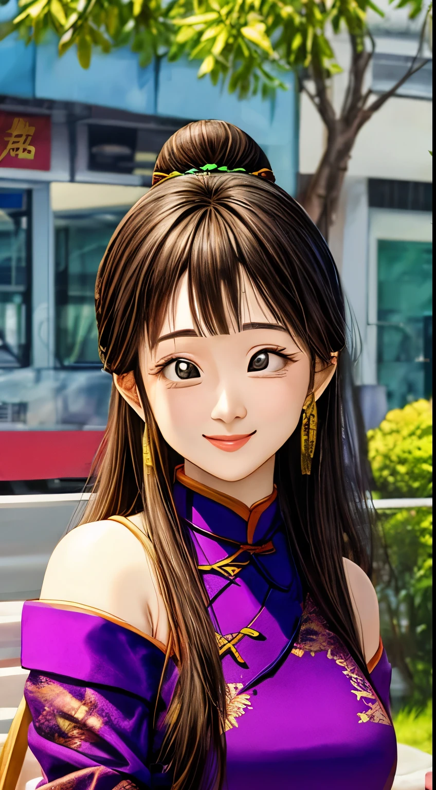 Masterpiece，best quality best，Highest quality，perfect anatomy，It&#39;s a perfect face.，perfect eyes，1 girl，dbzch1ch1，（black hair:1.4)，Side hair，smoothly，(Off shoulder dress:1.3)，Single hair bun，Bun hair，（黑Eyes），Wrapped in orange cashmere，red round earrings，red wristband，purple cheongsam, close up top