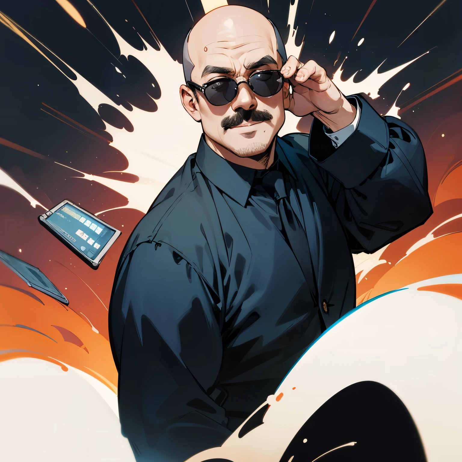 2.A 5-dimensional, slightly bald, middle-aged, overweight man wearing oval black sunglasses, a dress shirt, and a tie, in the style of a LINE stamp.