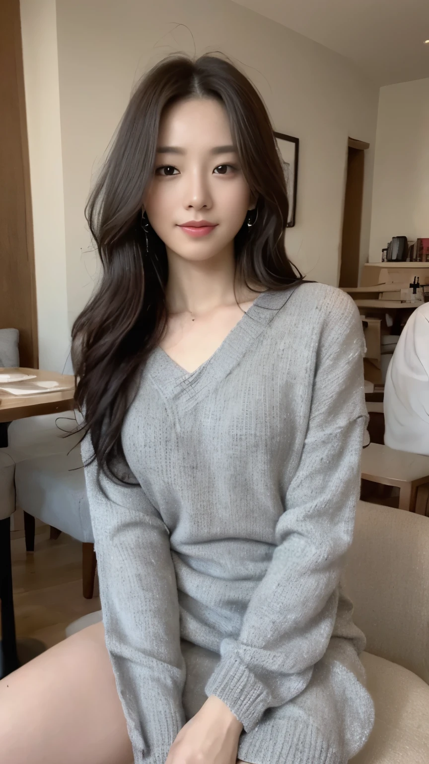 ((top-quality、8k、masterpiece:1.3))、Beautiful woman with perfect body:1.4、slim abdomen:1.2、Longhair, normal breast, Highly detailed facial and skin texture, A detailed eye, delicate eyes, double eyelid, (smile), (full body shot), ((restaurant)), (sitting on chair), (((wearing grey Sweater Dress:1.1)), looking in front, food