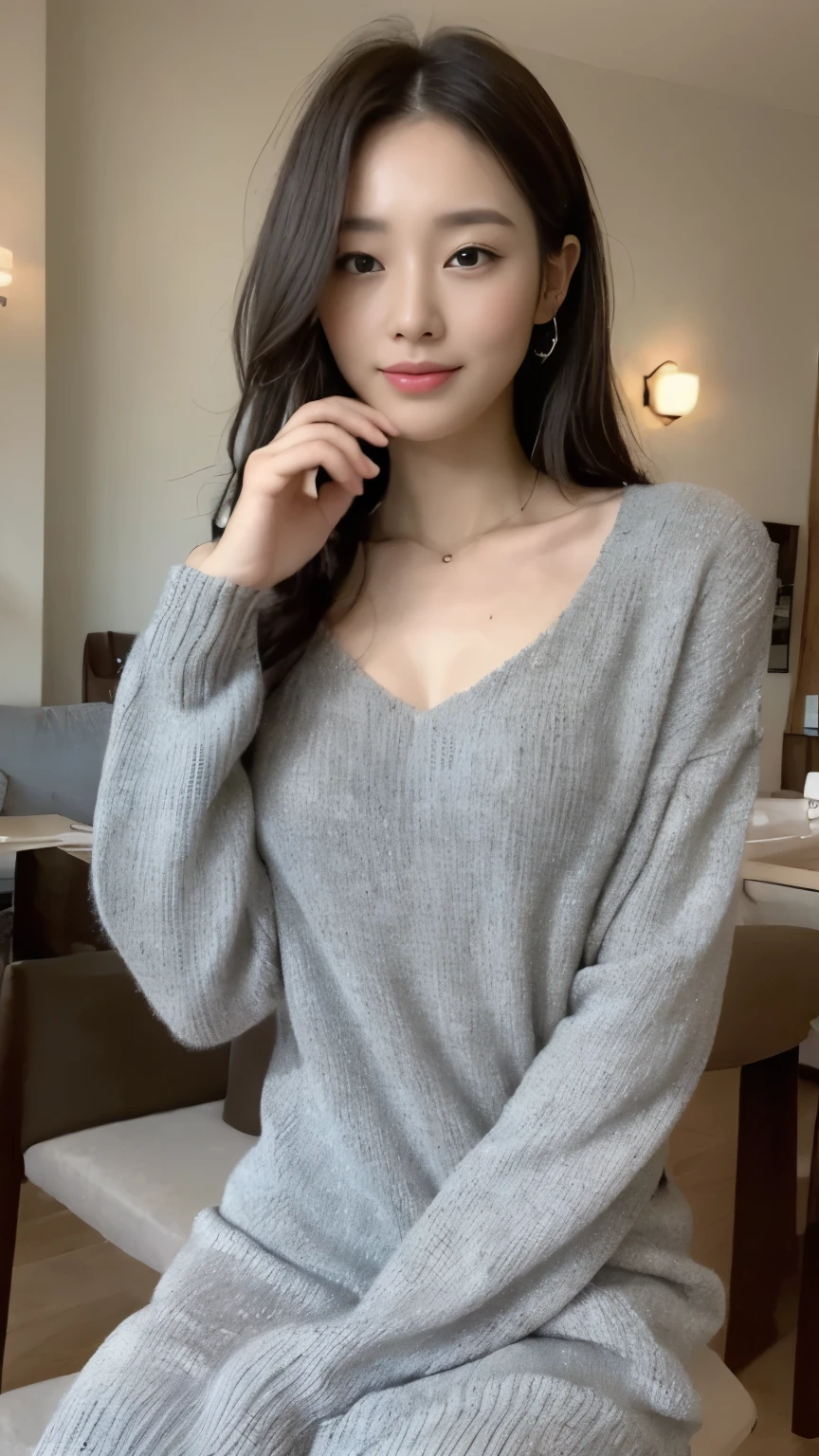 ((top-quality、8k、masterpiece:1.3))、Beautiful woman with perfect body:1.4、slim abdomen:1.2、Longhair, normal breast, Highly detailed facial and skin texture, A detailed eye, delicate eyes, double eyelid, (smile), (full body shot), ((restaurant)), (sitting on chair), (((wearing grey Sweater Dress:1.1)), looking in front, food