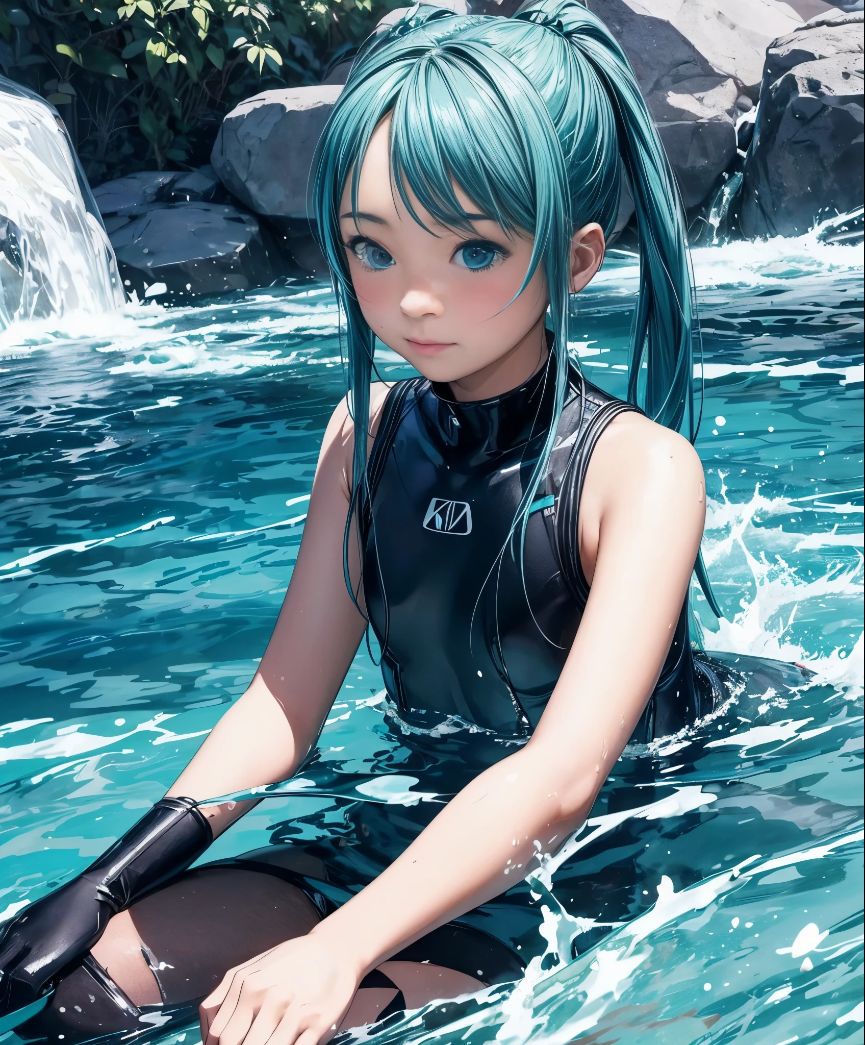 miku hatsune,scuba,Diving,a dolphin,bottom of the ocean,Beautiful breasts,wet suit,snorkel,The corals