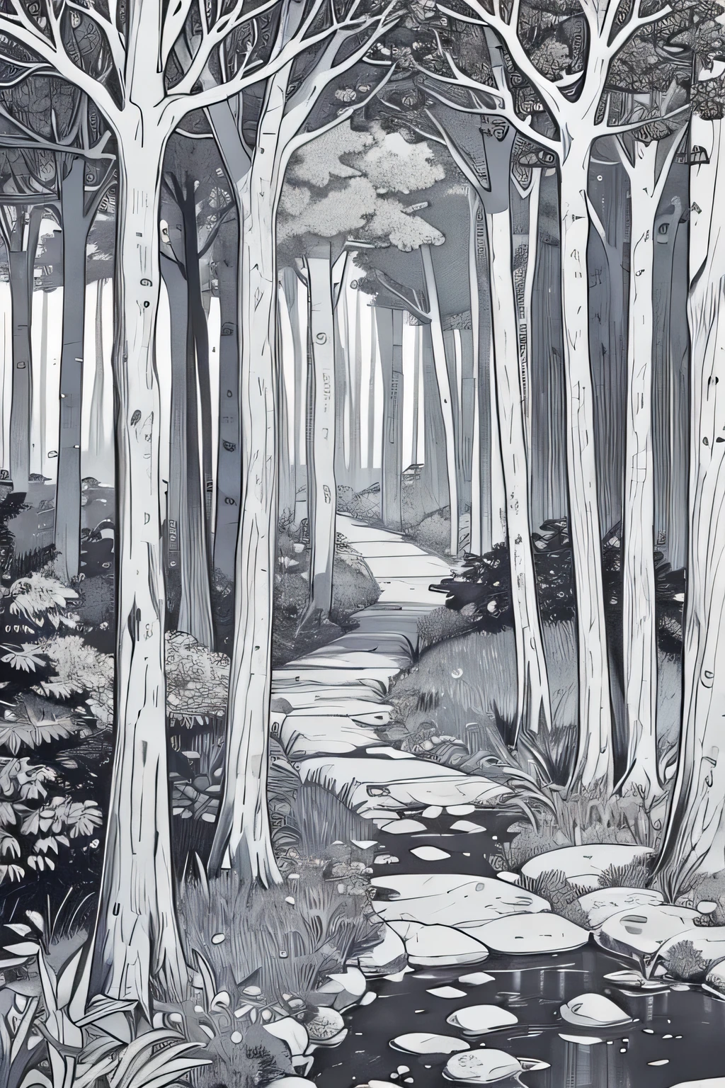 Coloring: quiet forest, when you imagine yourself walking peacefully among tall trees.. For better quality, print on high resolution paper