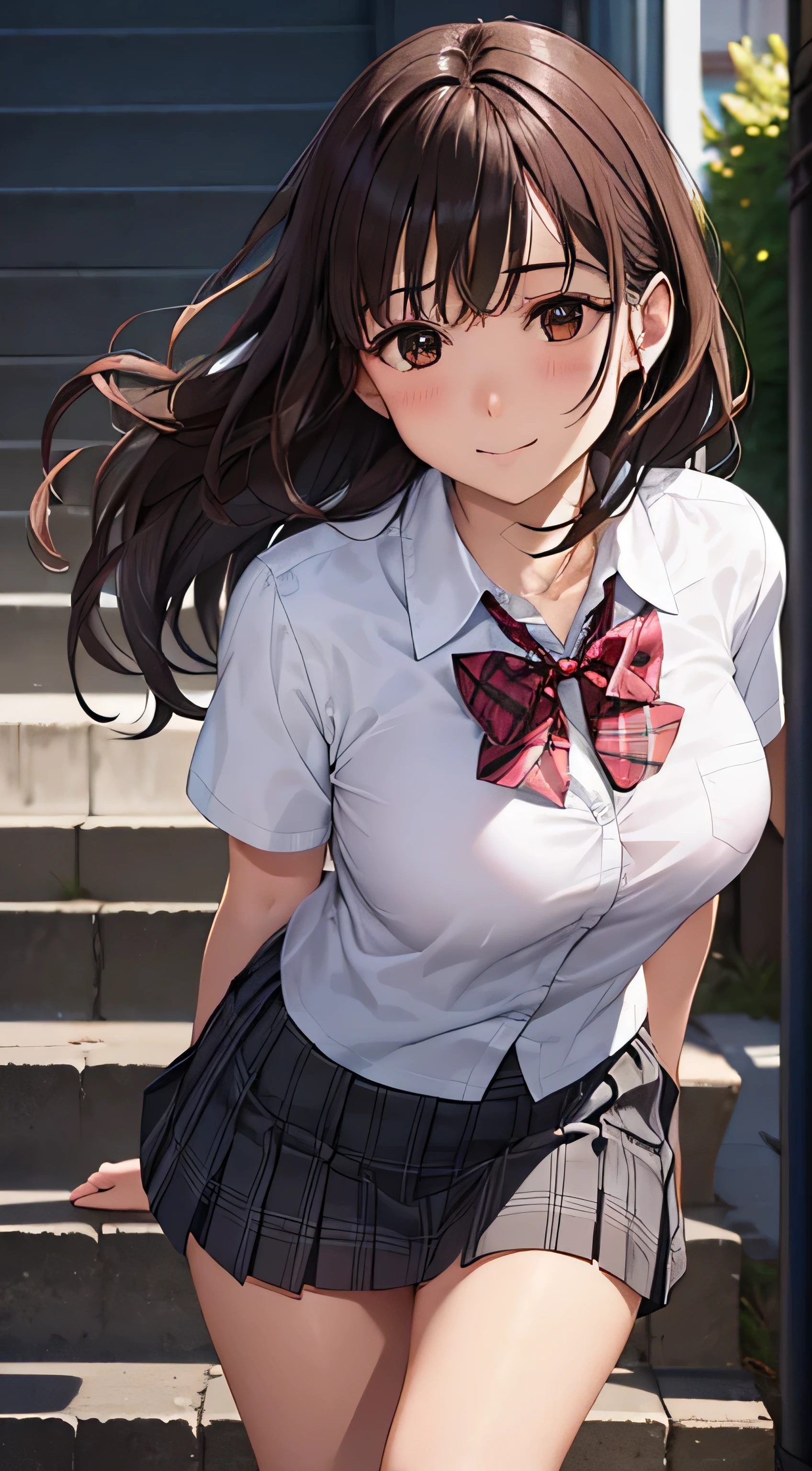 ((table top, highest quality, High resolution, nffsw, perfect pixel,  4k, nffsw, nffsw))), 1 girl, single, alone, Beautiful woman、I could see the whole body、 ((short wavy hair, bangs, brown hair)), ((brown eyes, beautiful eyelashes, realistic eyes)), ((detailed face, blush:1.2)), ((smooth texture:0.75, realistic texture:0.65, realistic:1.1, Anime CG style)), medium , dynamic angle, perfect body,  ((red bow tie, school uniform, , white shirt, black skirt, plaid skirt))、station stairs、It&#39;s windy、Very embarrassing panic smile、Bra is transparent、pink good.............、lean forward to emphasize the chest、Angle looking up from the bottom of the stairs、 (the wind lifted my skirt、、、white floral panties