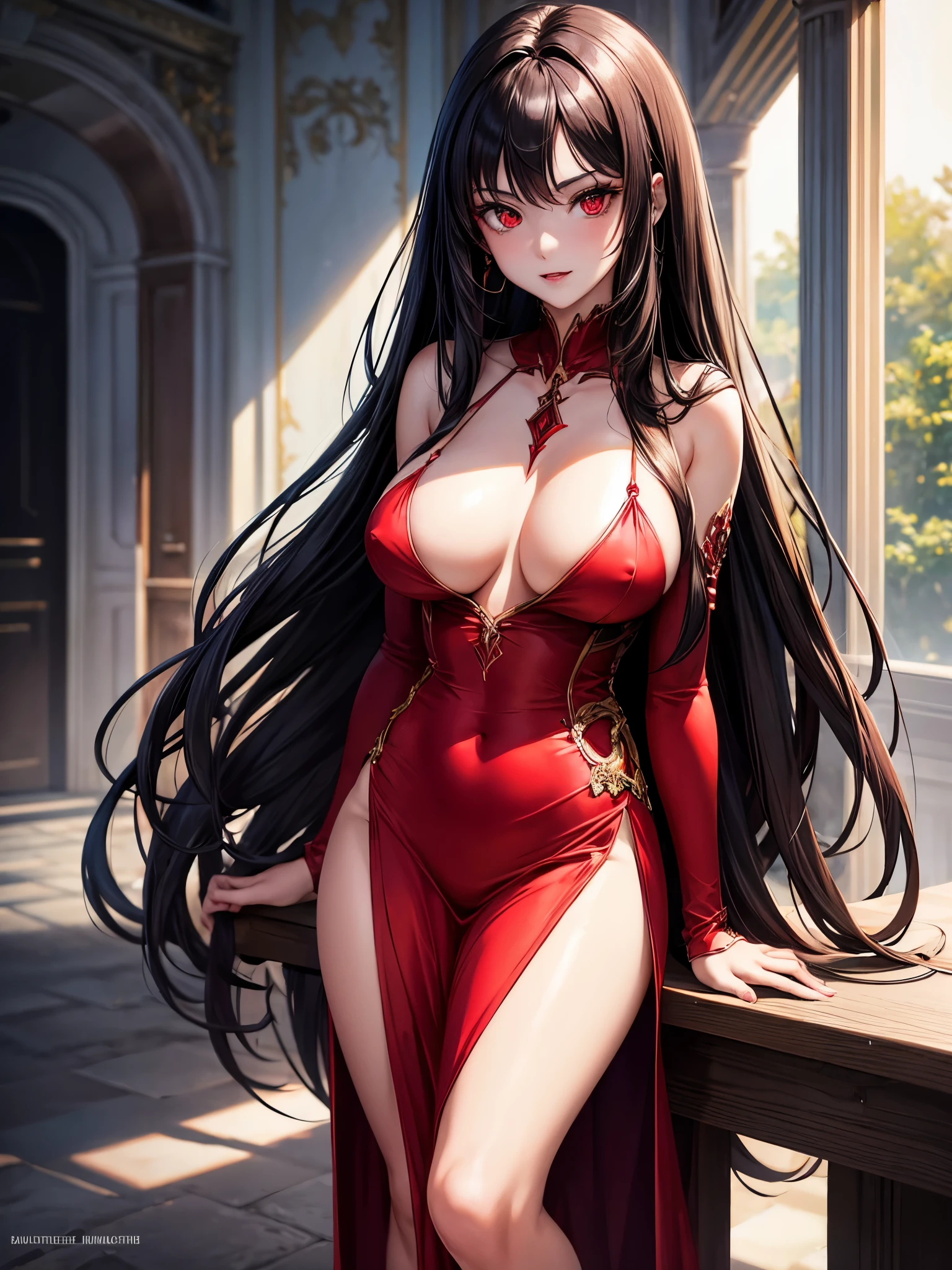 1girl, beautiful, vampire goddess, brunette very long hair, red eyes, sexy body and big breast, wearing a sexy red dress, ultrasharp, looking at the viewer, ((best quality)), ((masterpiece)), (detailed), perfect face,