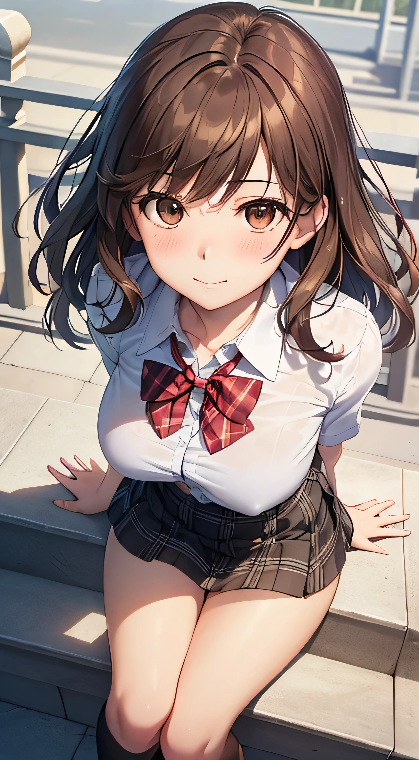 ((table top, highest quality, High resolution, nffsw, perfect pixel,  4k, nffsw, nffsw))), 1 girl, single, alone, Beautiful woman、I could see the whole body、 ((short wavy hair, bangs, brown hair)), ((brown eyes, beautiful eyelashes, realistic eyes)), ((detailed face, blush:1.2)), ((smooth texture:0.75, realistic texture:0.65, realistic:1.1, Anime CG style)), medium breasts, dynamic angle, perfect body,  ((red bow tie, school uniform, , white shirt, black skirt, plaid skirt))、station stairs、It&#39;s windy、Very embarrassing panic smile、Bra is transparent、pink good.............、lean forward to emphasize the chest、Angle looking up from the bottom of the stairs、 (the wind lifted my skirt、、、white floral panties)、