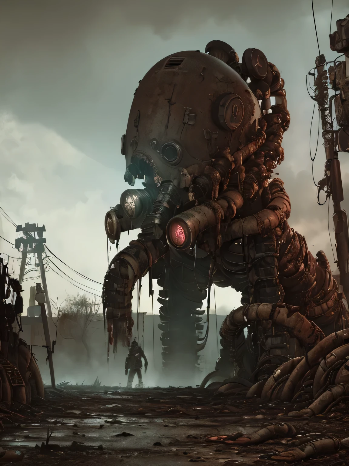 (((Fallout 4 game style))), ((Biopunk art of dark tentacles)), Biopunk girl, archer, metal hood, hopeless art, dark art, dystopian art, ((dark biopunk)), dark oily liquids, devastated environment, Gloomy landscapes, highly detailed art, very detailed background