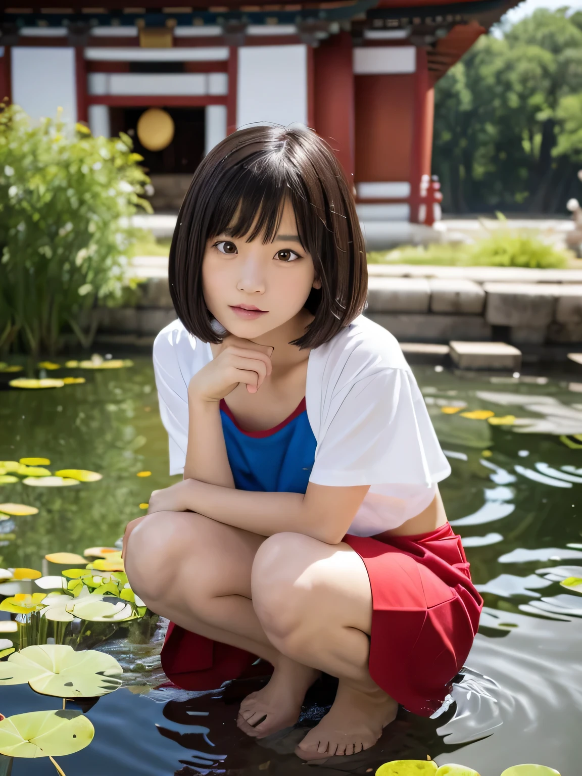 Elementary school student squats in a pond wearing Supergirl clothes.、Be patient with peeing、Spreading black hair、bob cut with trimmed ends、(flat chest)、lolicon、Highest、short sleeve、red cloak、(whole body)、embarrassing、 break, extremely fine transparency, (symmetrical eyes:1.3), break, (In the temple pond:1.3), break, (masterpiece, Highest品質, Super detailed, 8k)、10 years old