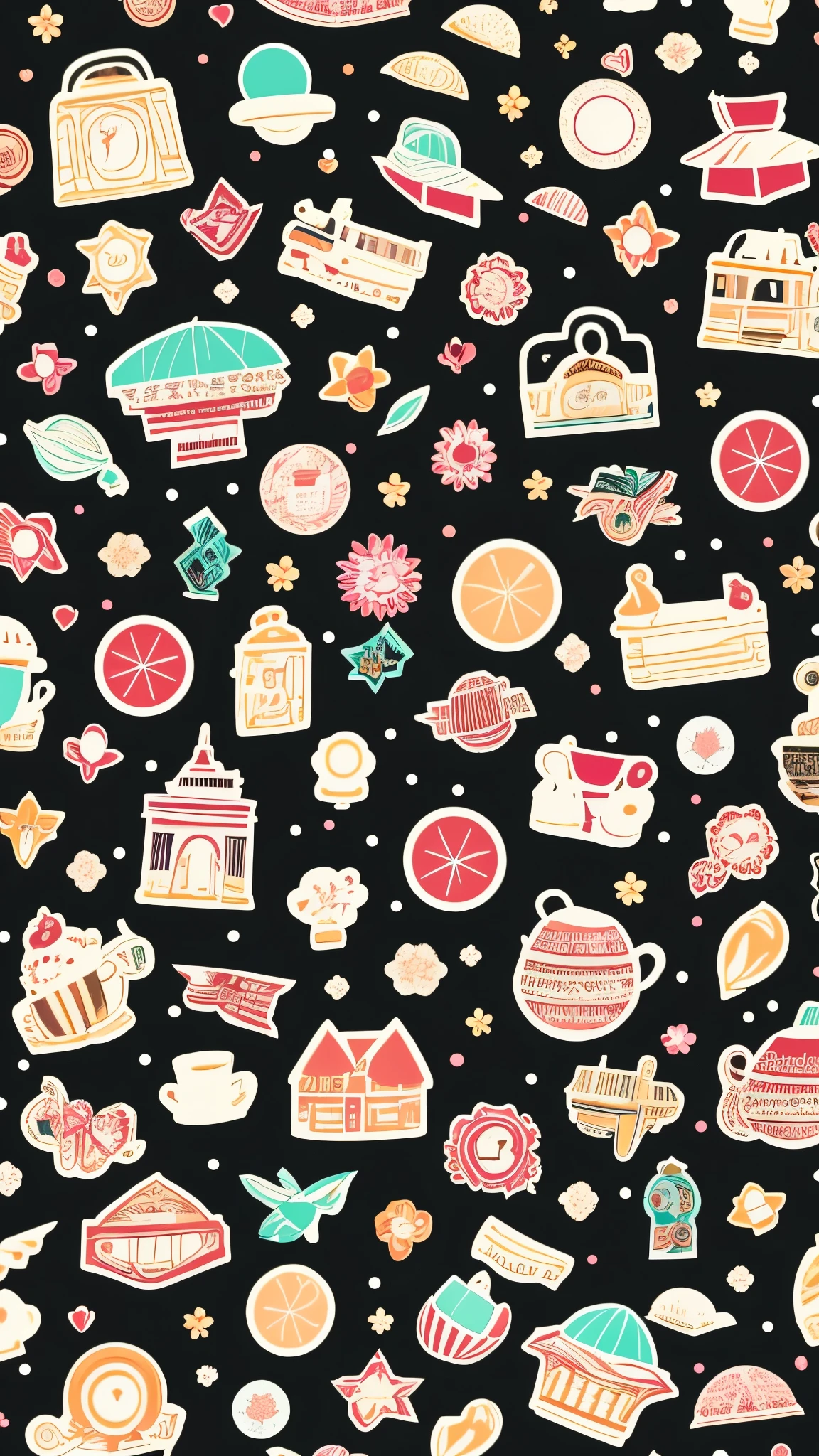 Wallpaper with a set of cute stickers is presented on a black background., excluding images of people and faces, which creates a unique and stylish atmosphere without the presence of human forms.