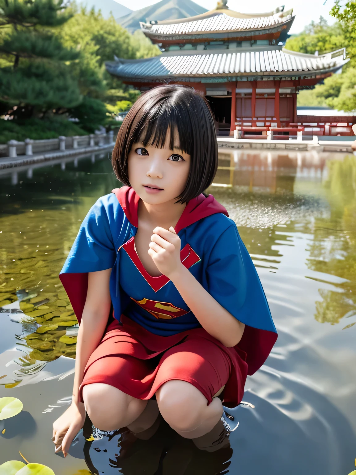 Elementary school student squats in a pond wearing Supergirl clothes.、Be patient with peeing、Spreading black hair、bob cut with trimmed ends、(flat chest)、con、Highest、short sleeve、red cloak、(whole body)、embarrassing、10 yeak, extremely fine transparency, (symmetrical eyes:1.3), break, (In the temple pond:1.3), break, (masterpiece, Highest品質, Super detailed, 8k)