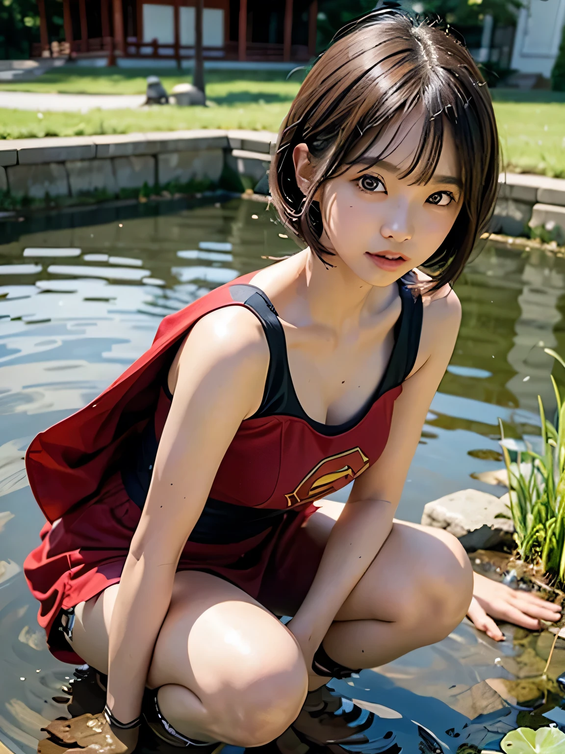 Elementary school student squats in a pond wearing Supergirl clothes.、Be patient with peeing、Spreading black hair、bob cut with trimmed ends、(flat chest)、lolicon、Highest、short sleeve、red cloak、(whole body)、embarrassing、 break, extremely fine transparency, (symmetrical eyes:1.3), break, (In the temple pond:1.3), break, (masterpiece, Highest品質, Super detailed, 8k)、10 years old