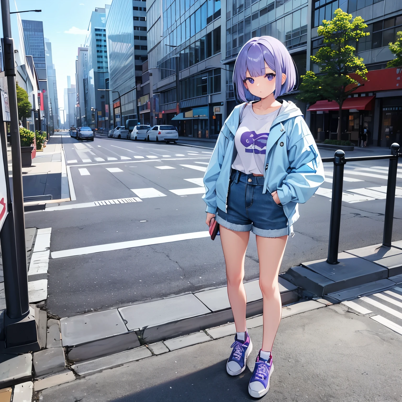 Light blue-violet hair、short bob hair、bangs bangs、lilac eyes、blue down jacket、white inner、denim shorts、sneakers、whole body、High quality、standing position、1 girl、cute girl、Standing in the big city