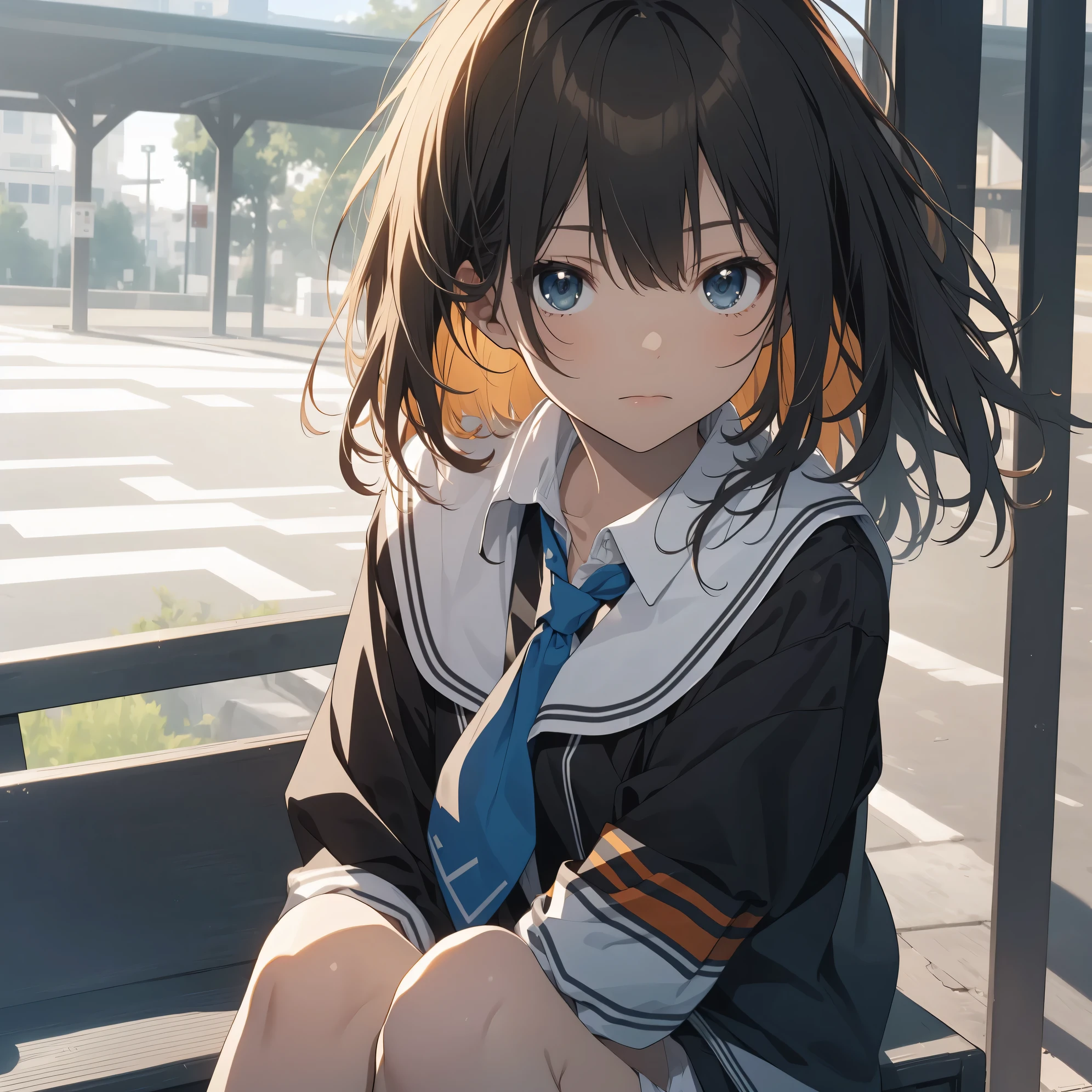 Ultra-highest quality by the art god, super detailed, High resolution, anime moe art style, Best Anime 8K Kona-chan Wallpaper, pixiv contest winner, perfect anatomy, break,(Please sit on the bench and draw a sleepy picture..)break, 1 girl,(alone,little woman,:1.3),All limbs, full finger,, immature charm, (very short hair), bangs, flat chest, Small Bodysuits, small ass, between legs, upward facing eyes, small eyes, black eye, detailed and beautiful eyes, Well-proportioned iris and pupils, expressive eyes, lips with beautiful details, High resolutionの詳細な髪, skirt, pleated skirt, neckerchief, sailor collar, school uniform, serahuku, shirt, (detailed lighting), (detailed background), view from above, On the way to school. break,super dense skin, Best lighting by famous artists, 8k, figure,Hmm, rough skin