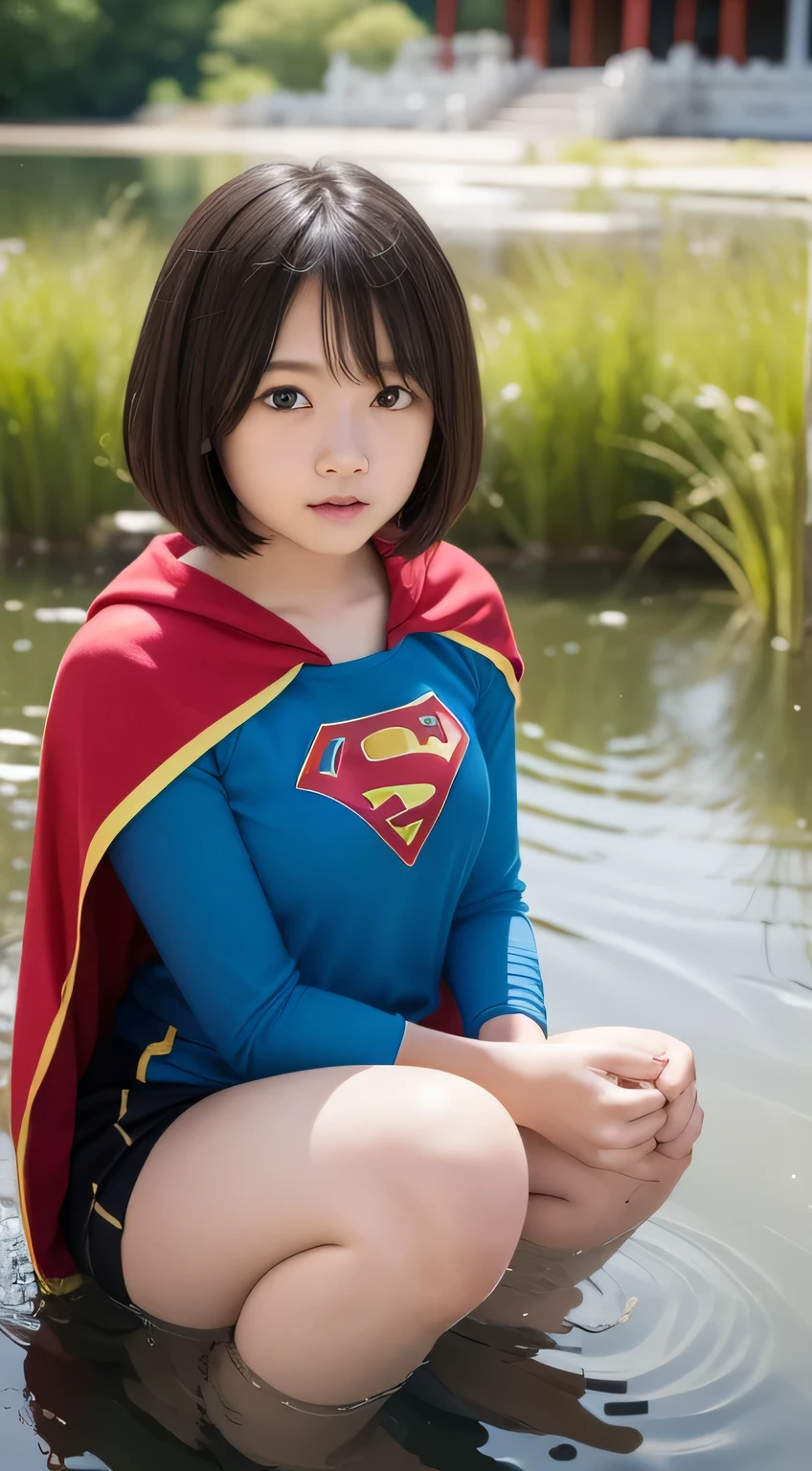 Elementary school student squats in a pond wearing Supergirl clothes.、Be patient with peeing、Spreading black hair、bob cut with trimmed ends、(flat chest)、lolicon、Highest、short sleeve、red cloak、(whole body)、embarrassing、 break, extremely fine transparency, (symmetrical eyes:1.3), break, (In the temple pond:1.3), break, (masterpiece, Highest品質, Super detailed, 8k)、10 years old