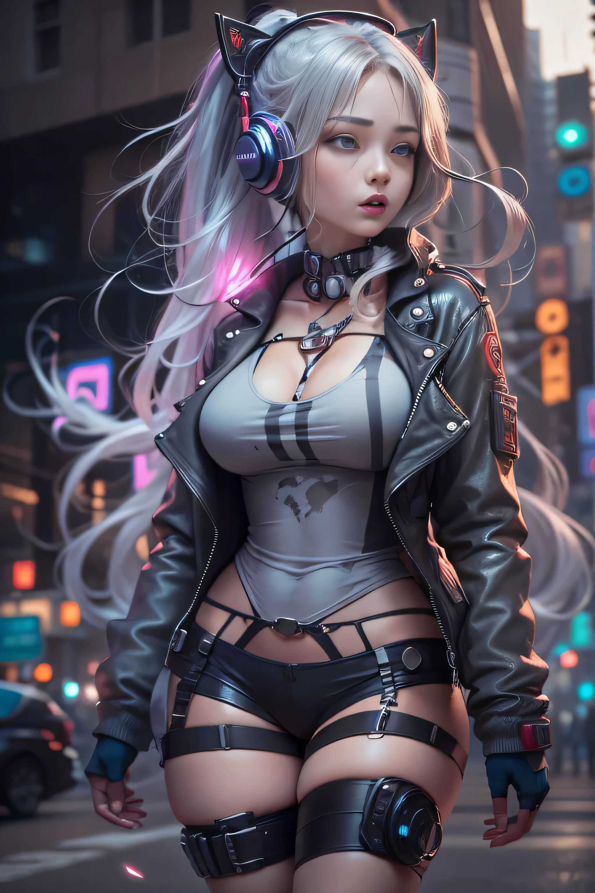 (RAW photos, best quality, masterpiece:1.2), (realistic, photo-realistic:1.4),(masterpiece:1.4),(best quality:1.4),  ((kpop idol girl)) alone, :d, (headphoneangs, blush, BDSM body harness, huge breasts, dynamic pose, cowboy shot, (((cyberpunk city streets background))), hair intake, headphones, long hair, looking at viewer, sidelocks, laugh, (((thighs 틈))), thighs, twin-tailed, very long hair, gray hair,Alice \(nod\),(glowing skin),realistic.