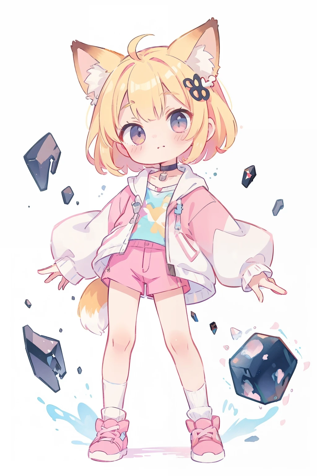 watercolor (Moderate):1.35,splash of color,colorful,flat color,// whole body,white background,hair ornaments,simple background,cube hair ornaments,blonde hair,1 girl,bangs,high quality,
masterpiece,最high quality,(((onyx theme))),(perfect onyx),(1 girl),paprika,fox ears、Transparent pink short hair,simple background,head tilt,albino,[watercolor],choker,white and pink oversized jacket、Pink Hot Pants