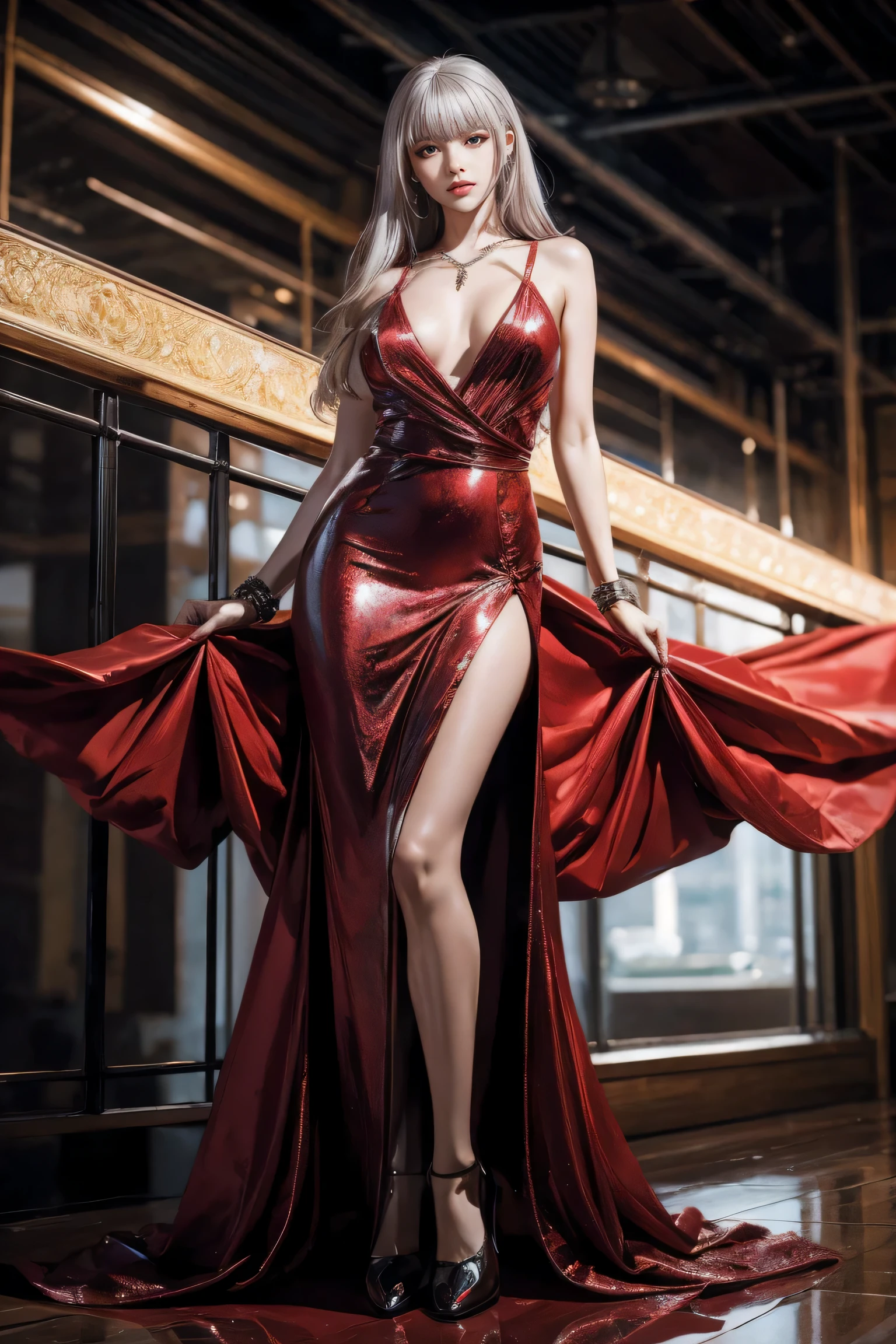 HD photos,lifelike,Ultra high resolution large files,8K high quality wallpaper,10x pixels,CG wallpaper,細節Clearlifelike,top female portraits,Ultra-fine,Ultra-fine details:1.1,Advanced technical details:1.1,dynamic poses,vampire woman,美麗Sexy女人,一個Sexy成人,Royal sister style,mixed race women,long white and silver hair,他有一头long white and silver hair,Clearlifelike的头发,Clear的髮絲,Exquisite eyelash makeup,Be careful with your eyes and face,beautiful narrow eyes,thin eyebrows,super detailed eyes,美丽Sexy大红唇,mature face,Exquisite face makeup,detailed facial work,, pretty face, perfect facial proportions,(Advanced facial details:1.1)perfect body shape,perfect body proportions,Uneven body shape,mannequin,Glittery Liquid Red Luxury Dress Collection,Bright red sequined dress,Bright red sequined coat,Shiny,tight long skirt,Summer sexy hip-hugging fishtail sleeveless commuter maxi skirt,Horse socks 100%Oil Pastel Tray Glossy Silk Surface 8D Black Silk Women's,High heel,Gloves,beautiful long dress,beautiful clothes,Big red series,High fashion clothing series,dress photography,Authentic clothing items,Slim,Sexy,jewelry,necklace,ear nipple ring,bracelet,indoor background,In the banquet hall,female artwork,full body view,dress goddess,Reality感,amazing (Korean idol face)adult photography,Big red series,Bright red satin dress,Reality攝影,Reality、Clear,fashion art,dress goddess,female artwork,full body view,fantasy art,First class boutique,High level of detail engineering