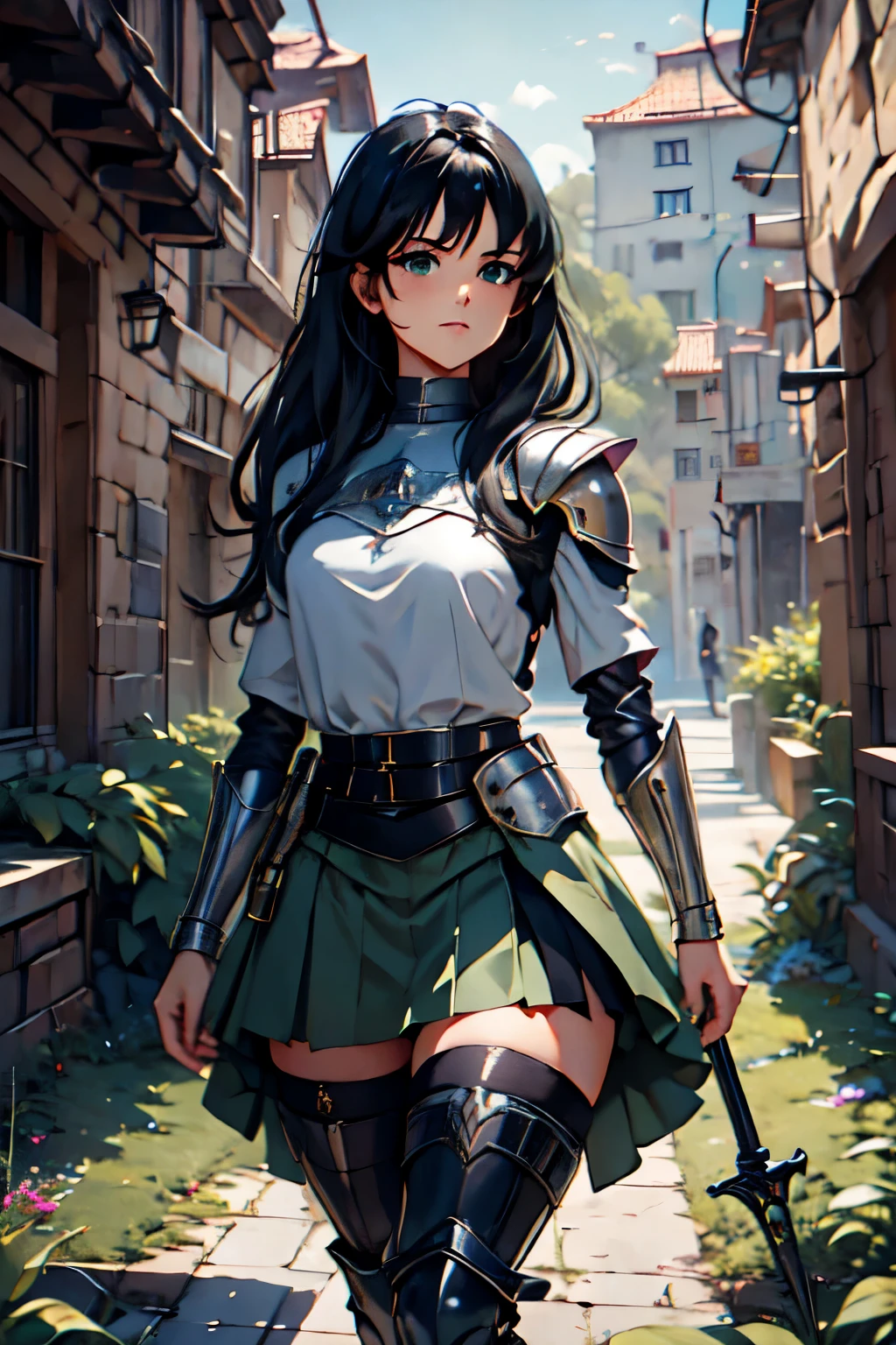 (((masterpiece))), (((best quality))), ((ultra-detailed)), (cinematic lighting), (illustration), (beautiful detailed eyes), (1girl, 20s), full body, knight, futuristic armour, walking, medieval city, expressive eyes, perfect face, Girl: (black hair, long hair, wearing skirt, black pantyhose, green and grey armour, green baggy shirt, knee boots),