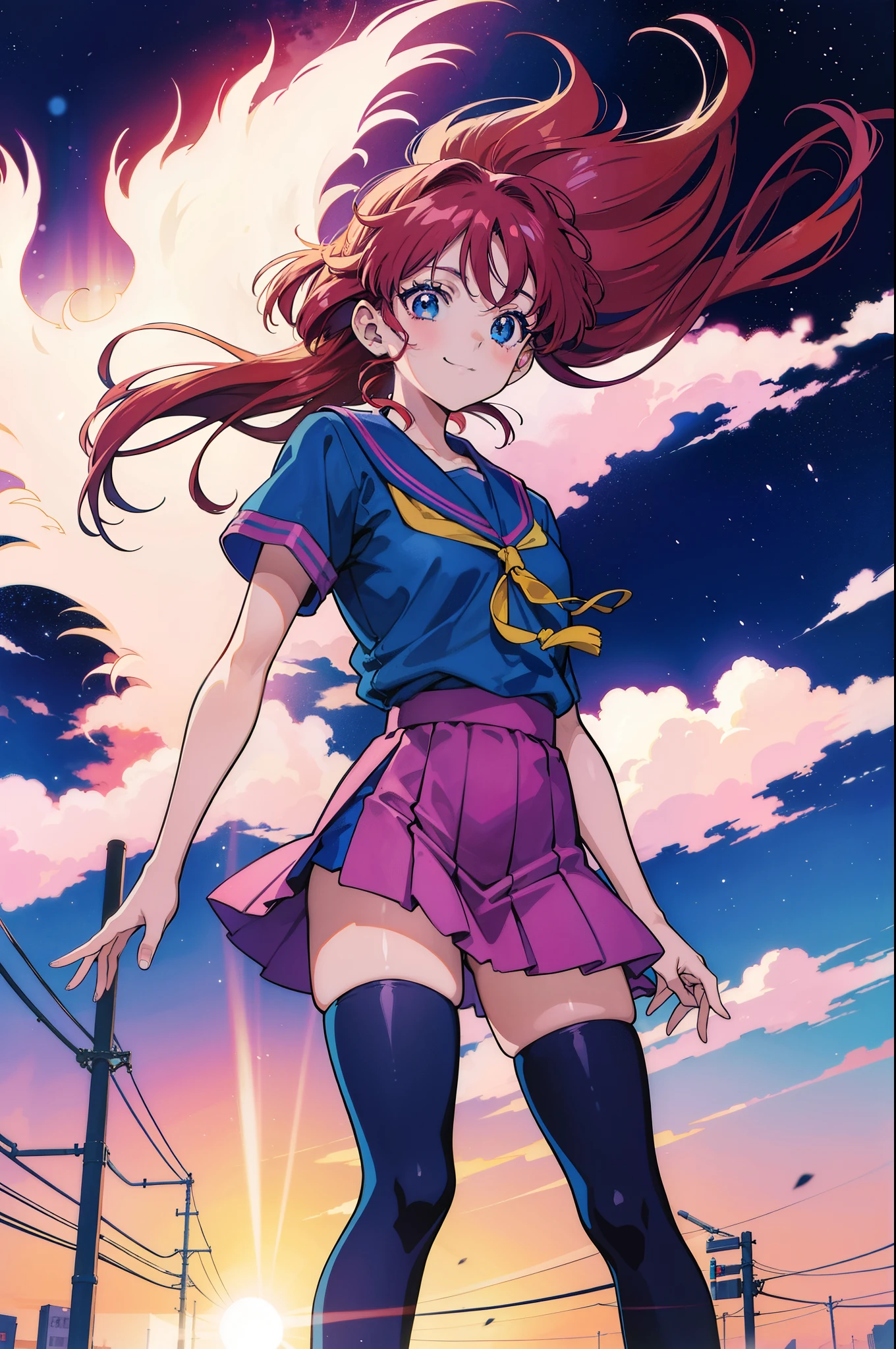 In town、city、girl、90'anime art style, 80'anime art style, In the art style of 80's anime, 9 0 s anime aesthetic, retro anime images, 90s anime style, 90s anime style, 80's anime style, 1980's anime style、poster of、pull the hand of the person watching、fearless smile