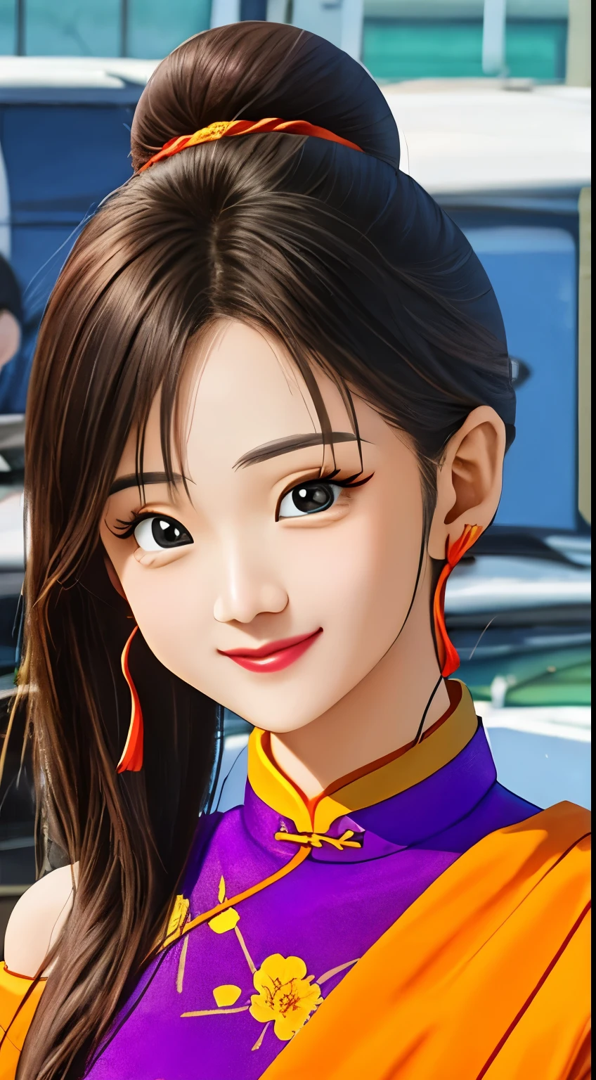 Masterpiece，best quality best，Highest quality，perfect anatomy，It&#39;s a perfect face.，perfect eyes，1 girl，dbzch1ch1，（black hair:1.4)，Side hair，smoothly，(Off shoulder dress:1.3)，Single hair bun，Bun hair，（黑Eyes），Wrapped in orange cashmere，red round earrings，red wristband，purple cheongsam, close up top