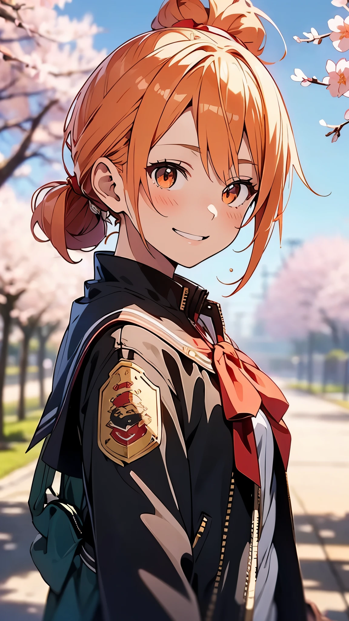 (highest quality、Extra fine、real)、1 anime high school girl、small breasts、riders jacket、orange hair、ponytail、red round eyes、From the side、gloves、bright smile、stand in front of a cherry tree、upper body close-up、cherry blossom park、sharp outline