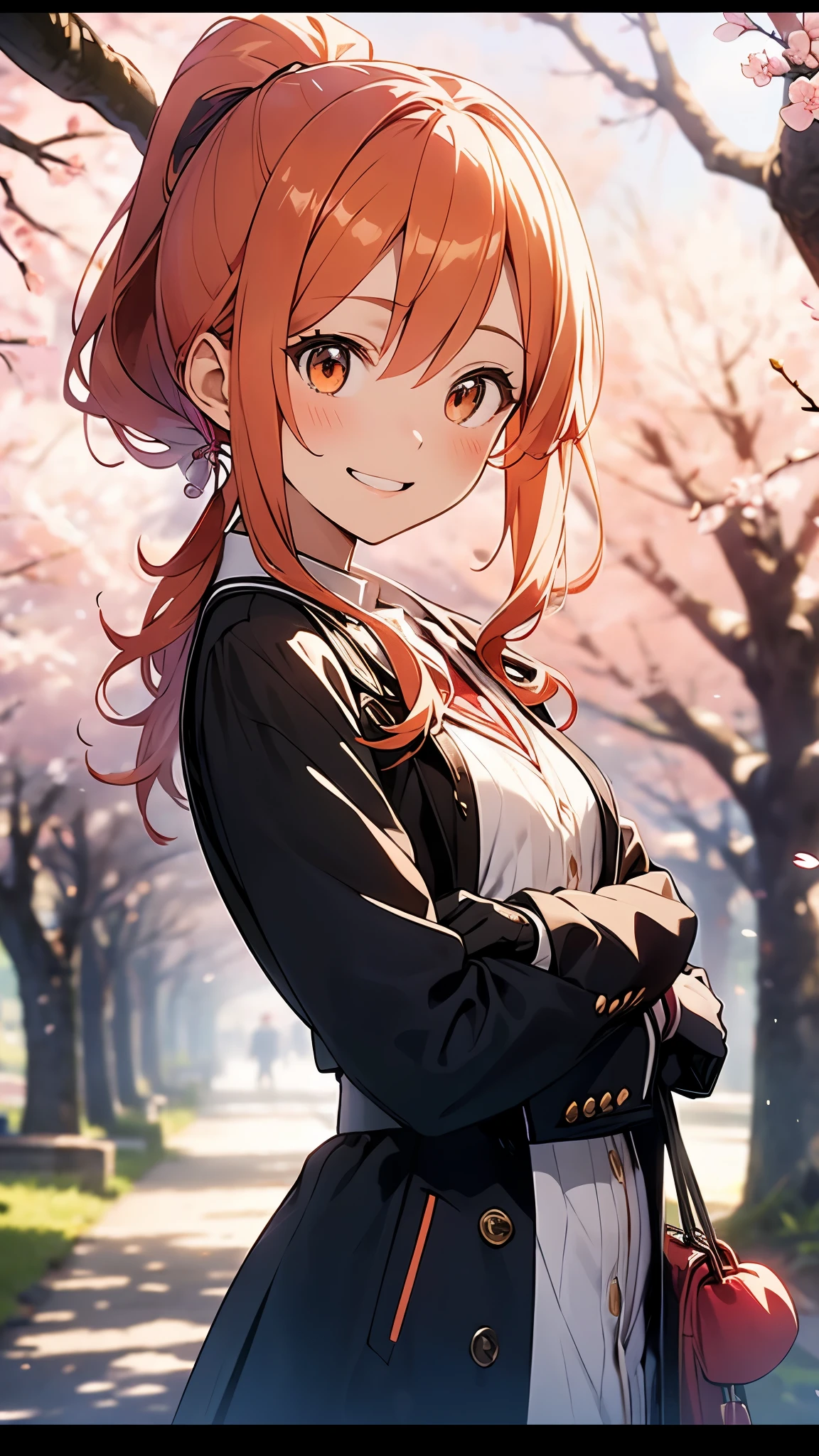 (highest quality、Extra fine、real)、1 anime high school girl、small breasts、riders jacket、orange hair、ponytail、red round eyes、From the side、gloves、bright smile、stand in front of a cherry tree、upper body close-up、cherry blossom park、sharp outline