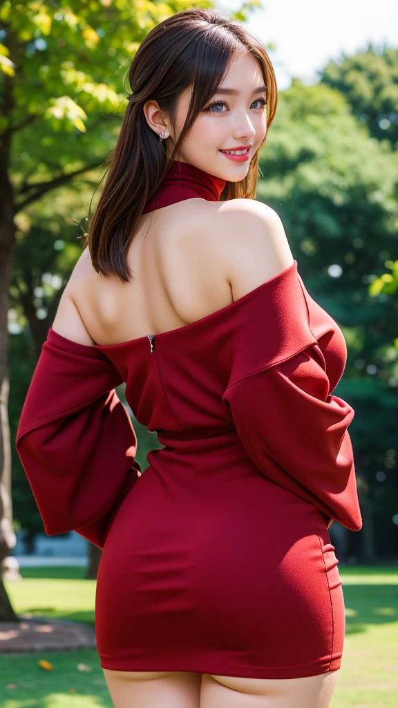 (The Ultimate Beautiful Japan Married Woman)、50 generations、Delicate facial features、(Big eyes:1.4), Brown-eyed、The brunette smoothed her back hair、(Colossal tits)、(Curve), (grin)、cparted lips, red blush, a captivating gaze、thighs thighs thighs thighs、cut top, doress, Fashion outfits decorated with fine patterns, Female sexy, turtleneck dress, professionattire、Hibiya Park in Tokyo、Standing Sexy Pose、Realistic backgrounds and accessories、((Cowboy Shot))、(Advanced depth of field)、((masterpiece))、((top-quality))、a picture、Realisticity、Photorealsitic、high-level image quality、ultra-detailliert、Realistic lighting: Real