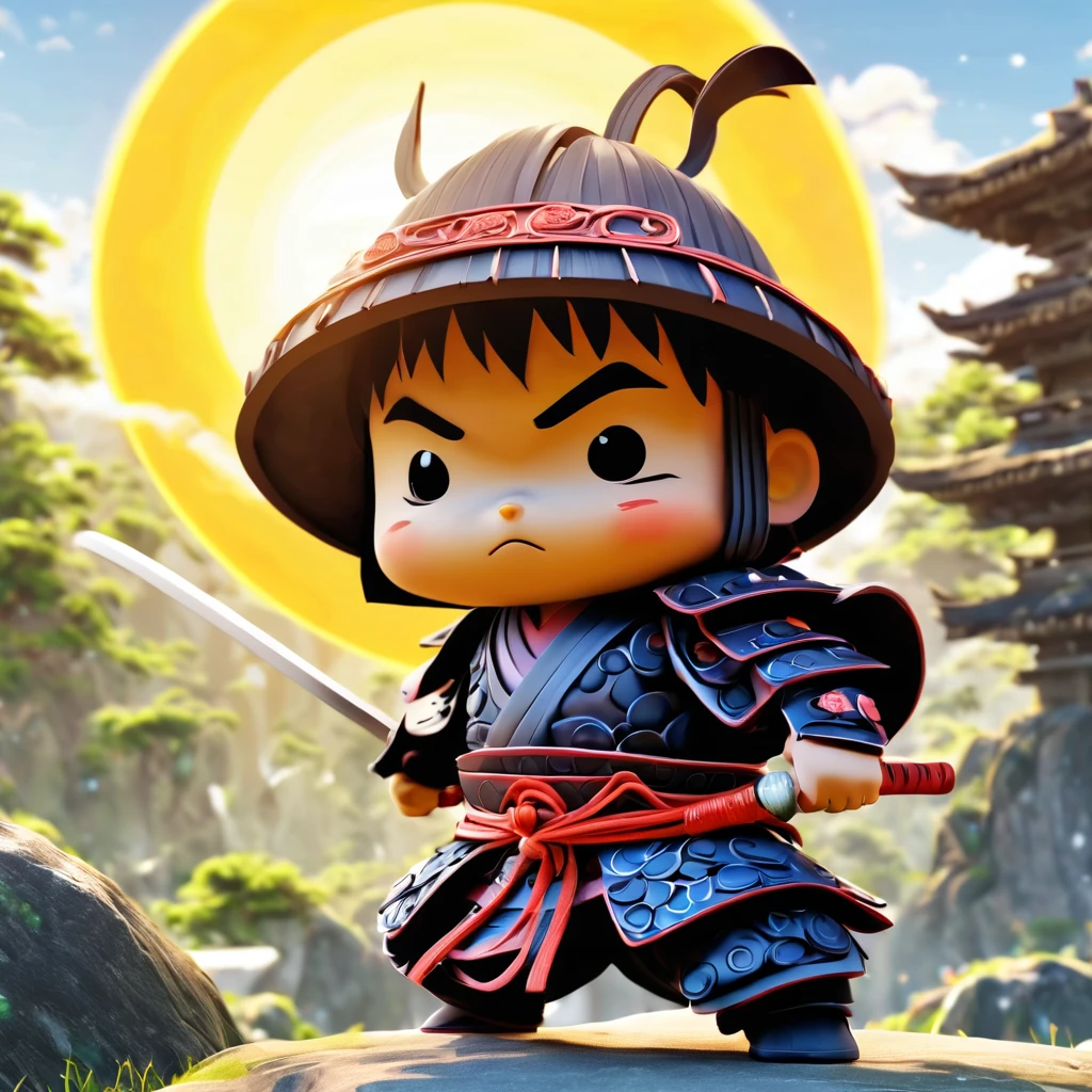(masterpiece, best quality:1.2), Magical samurai, samurai under magical rissing sun, cute, 3d crunch,