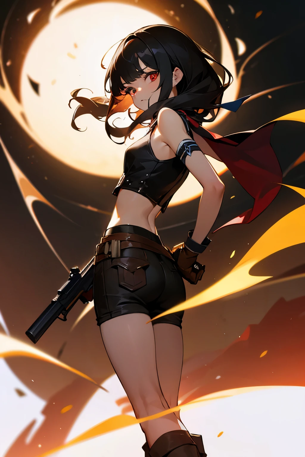 1girl, with a renaissance gun, wearing a tanktop, leather gloves and boots, shorts, wavy black hair with bangs, red eyes, left eye glows bright, serious face, looking from behind her bangs