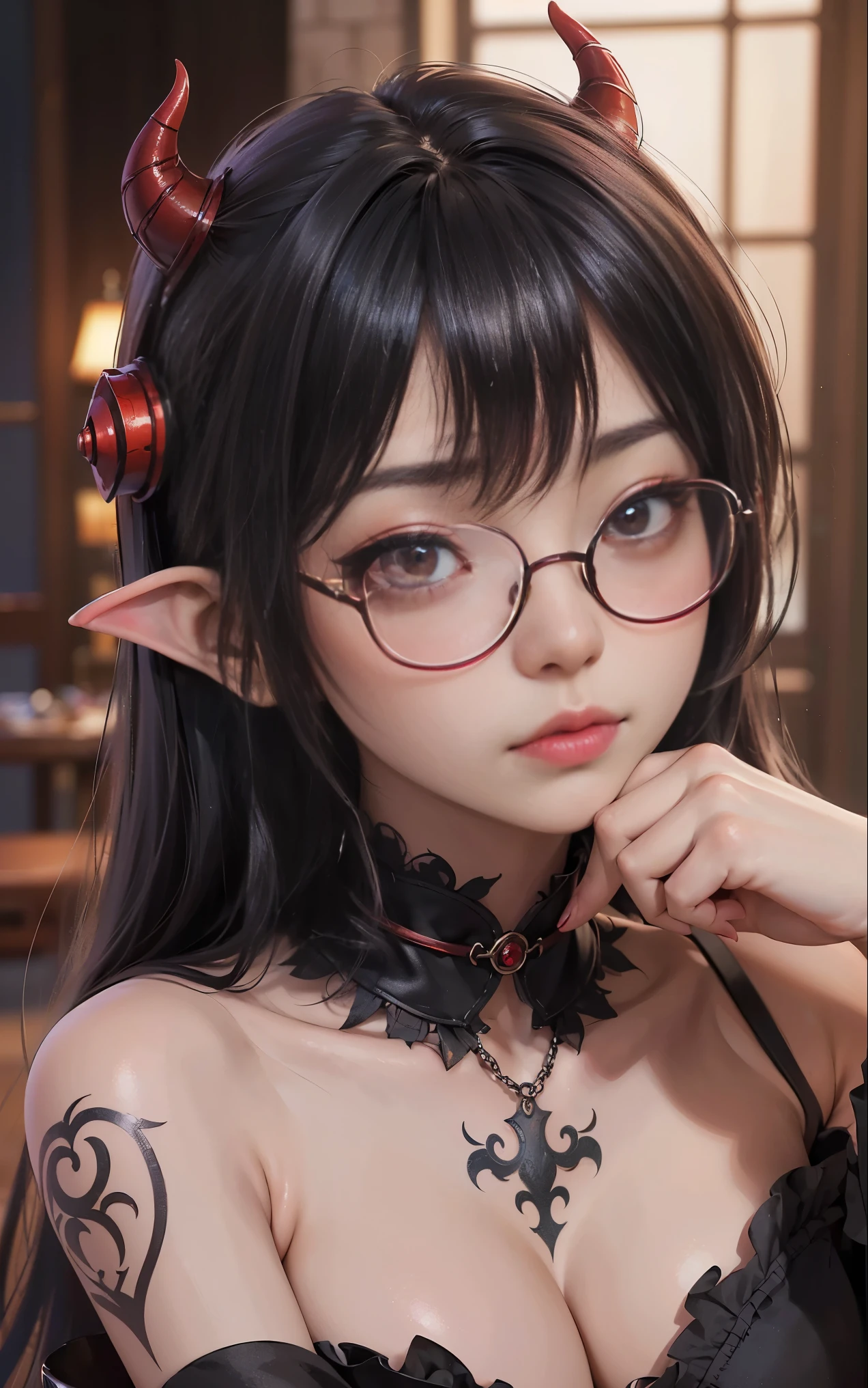 Fine、(The best illustrations)、8k UHD resolution、intricate-detail、top-quality、realisitic、ultra-detailliert、The best lighting、Best Shadows、Soft lighting、Ulutra HD、Ultra-realistic、Tindall Effect、Photorealsitic、(High Detail Skins:1.2)、 (Intricate details, makeup, pureerosface_v1:0.5), (Detailed beautiful delicate face, Detailed beautiful delicate eyes, A perfectly proportioned face, High detailed skin, Detailed skin, best ratio four finger and one thumb, arms below breasts, Tattoo with a red glow under the stomach、Awesome awesome, wide hips, smooth midriff, skiny and thin, __Fashion__, __hair__:1.25)、Digital SLR、 absurderes、(masutepiece: 1.3), (max resolution: 1.2), (Ultra HDTV: 1.2), cinematric light, Detailed eyes and skin, detailed facial features, , (Sharp Focus: 1.2）, (Focus on Face:1.2),Perfect Style, Beautiful face, acurate, Anatomically correct, Highly detailed face and skin texture, Detailed eyes, Double eyelids, Thin eyebrows, Glitter Eyeliner: 1 Natural cheeks, Glossy skin, Fair skin: 1.2, (Glossy lips: 1.4),(Shy look: 1.2),Highly detailed facial and skin texture, Detailed eyes, Double eyelids, Natural cheeks,  shiny lips: 1.4,Exposed cleavage、Bewitching。a 、Seductive、dark brown hair。Evil Nun、Torn monastic clothing、corsets、fishnet tights、Chest is emphasized、((((Huge glasses, Otaku Glasses, thick glasses, Round glasses)))),(((Colossal tits)))、The long-haired、Braids、Black hair、Ponytail distortion、, Ponytail with a bow tied at the back of the hair, Beautiful expression、Body Up、Large breasts emphasis、Bust, Super tight breasts, Breast augmentation surgery, The breasts are very big and round and round,Toned waist、Wide buttocks、intricate tattoos, demonic intricate tattoos, thigh tattoos, body tattoos, Red sparkling gemstone necklace、Jewelry Gwise, wearing black mesh socks,Wear light red、nffsw, nffsw, Meet beautiful girls, Look at the girl's body, Bat Wings，(((Demon Horns)))、(Devil's Tail)、In the Dark、(Detailed spooky backgrounds:0.8),holding a snake whip in hand、