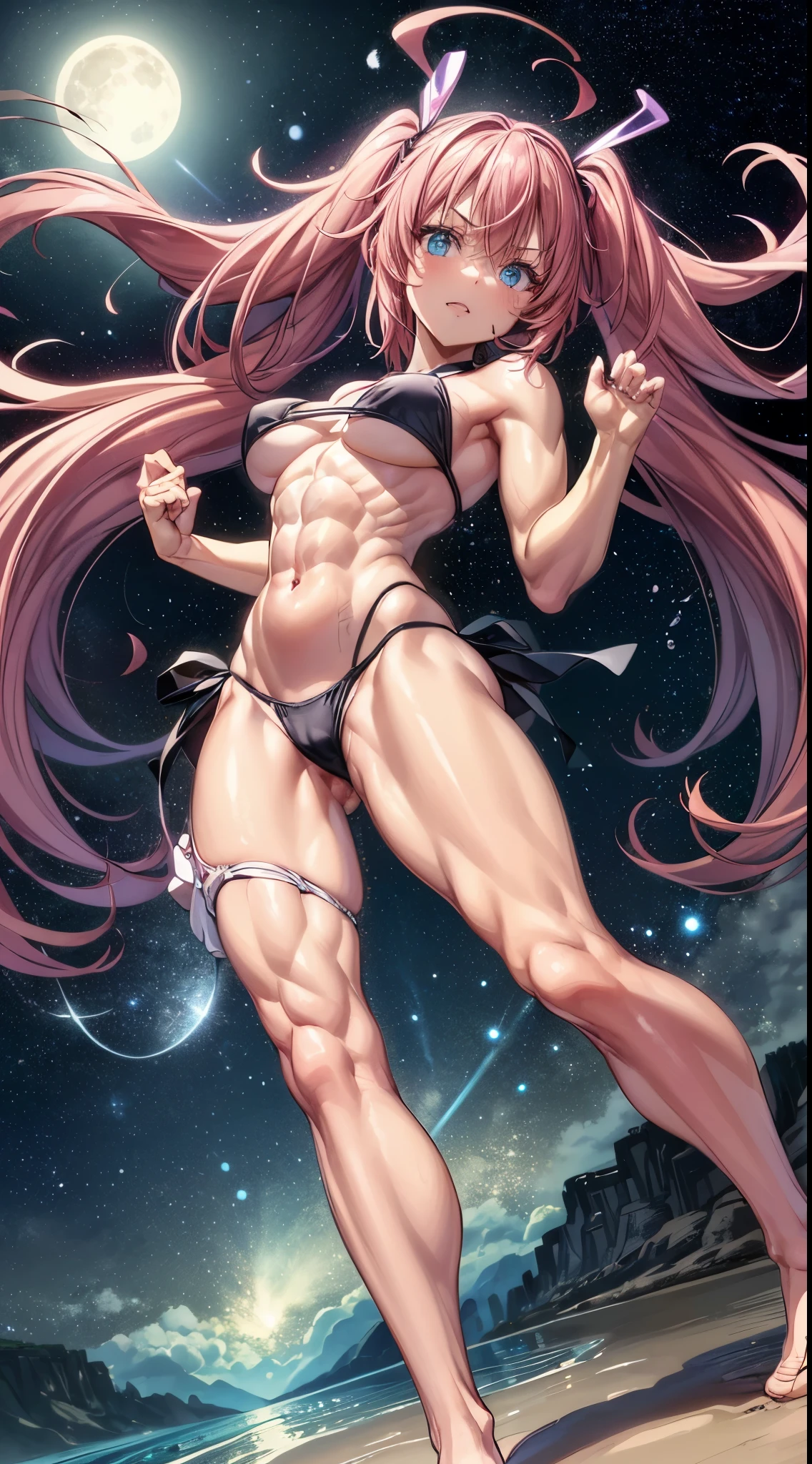 1 girl, (medium breasts))), (((wearing short bikini))), (Long pink hair), (((blue eyes))), thin arms, (on the beach at night with starry sky and full moon blood), (thin waist), (((muscular legs))), muscular belly, barefoot, (((showing me his big ass))), (full body photo), (twintails), long eyes, eye reflex , Bad mood, anime, anime style, ray tracing, reflection, drop shadow, panorama, Sony FE, 8K, UDisk, artwork, Accurate, anatomically correct, Super detail, best quality, ultra-high resolution, Hard drive, 16K