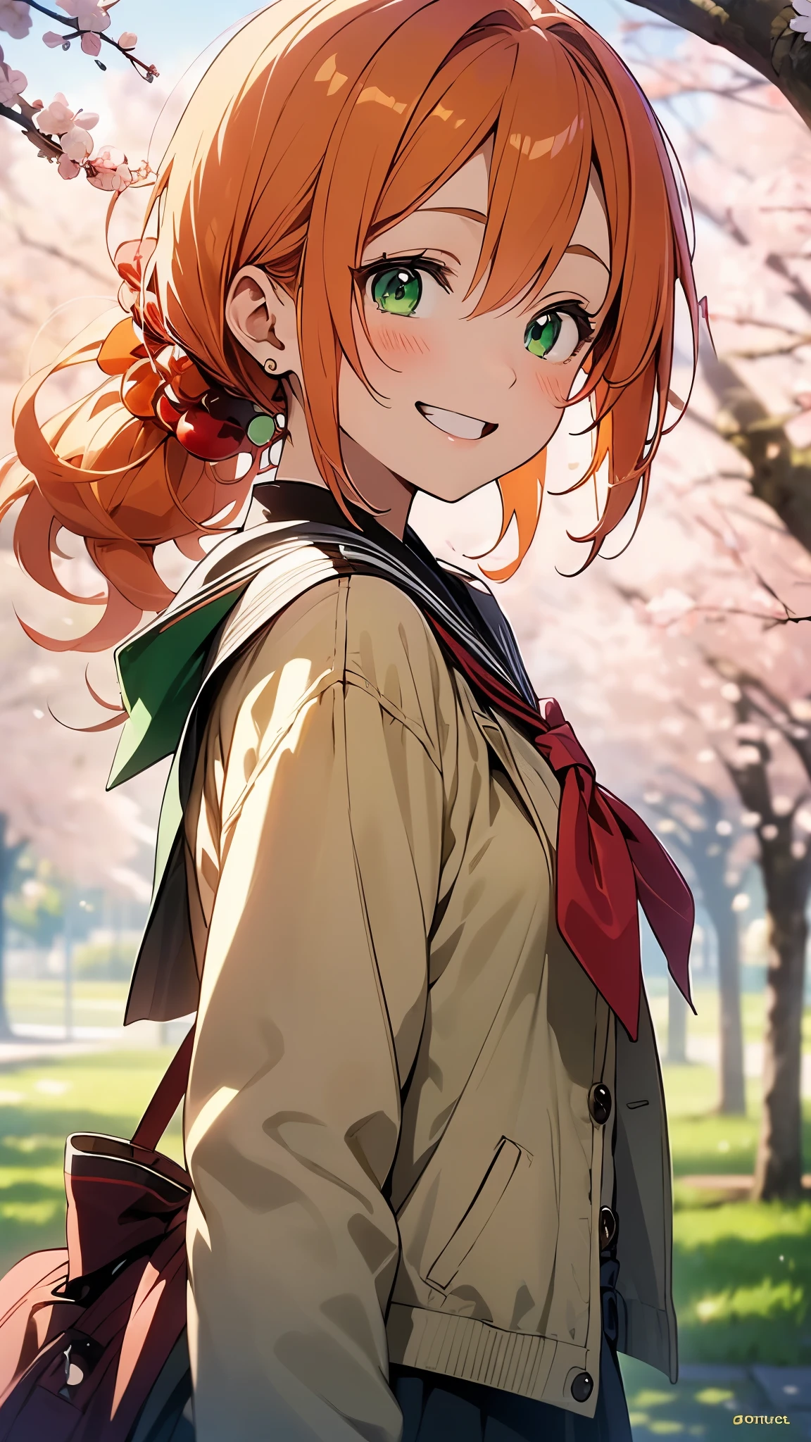 (highest quality、Extra fine、real)、1 anime high school girl、small breasts、riders jacket、orange hair、shining green eyes、side ponytail、smile a little、laughter、From the side、gloves、bright smile、stand in front of a cherry tree、upper body close-up、cherry blossom park、sharp outline、Colors based on green and orange