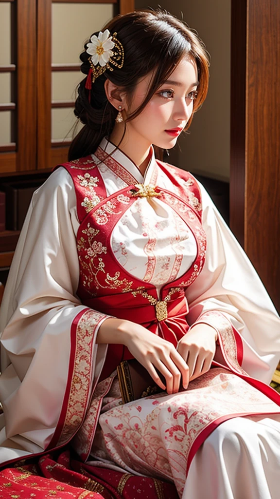 Masterpiece, 1 Girl, Beautiful Face A Chinese-inspired dress featuring lace elements at the neckline and cuffs, a traditional moire pattern, details including pleats, embroidery and beads. The fabric is silk and crepe, knee-length or long, with bows or flowers at the waist or neckline